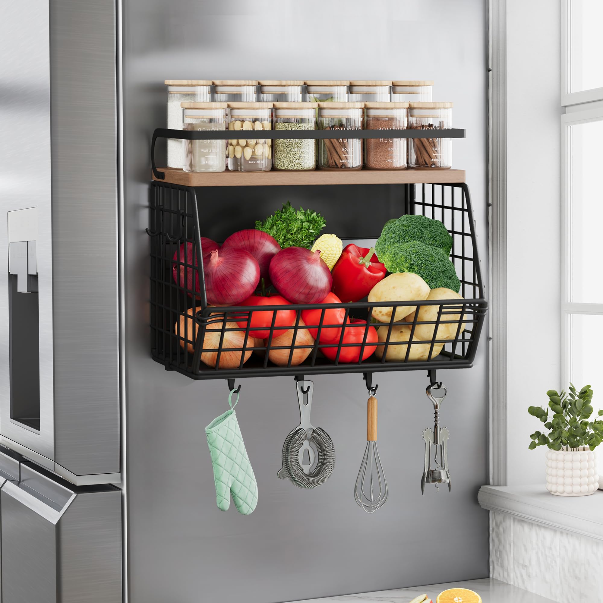 Clothink Magnetic Shelf For Fridge, Onion And Potato/Spice/Snacks/Fruit And Vegetable Storage And Organizer, Wire Basket For Pan