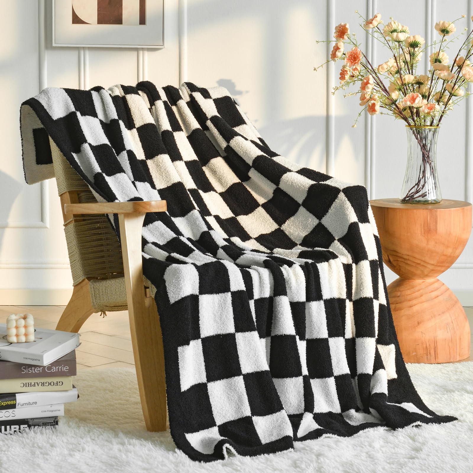 Checkered Throw Blanket, Black Knit Blankets With Soft Fluffy Microfiber, Cozy Fluffy Lightweight Decorative Reversible Travel B