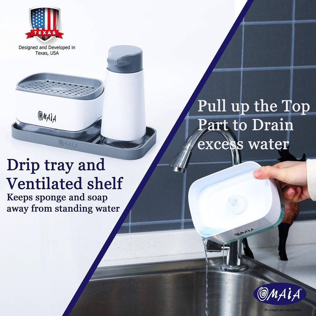 Omaia 4-In-1 Dish Soap Dispenser Set With Sponge Holder And Liquid Hand Soap Dispenser And Silicone Tray - Countertop Organizer