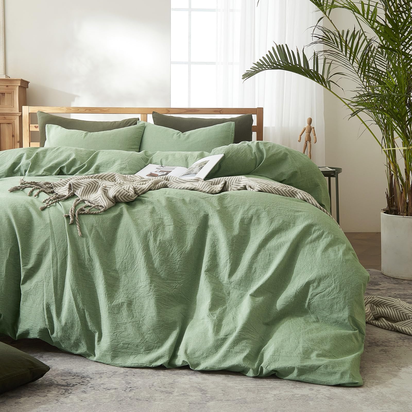 Amwan Simple Style Sage Green Duvet Cover King Size Soft 100% Washed Cotton Bedding Sets Solid Color Light Green Comforter Cover