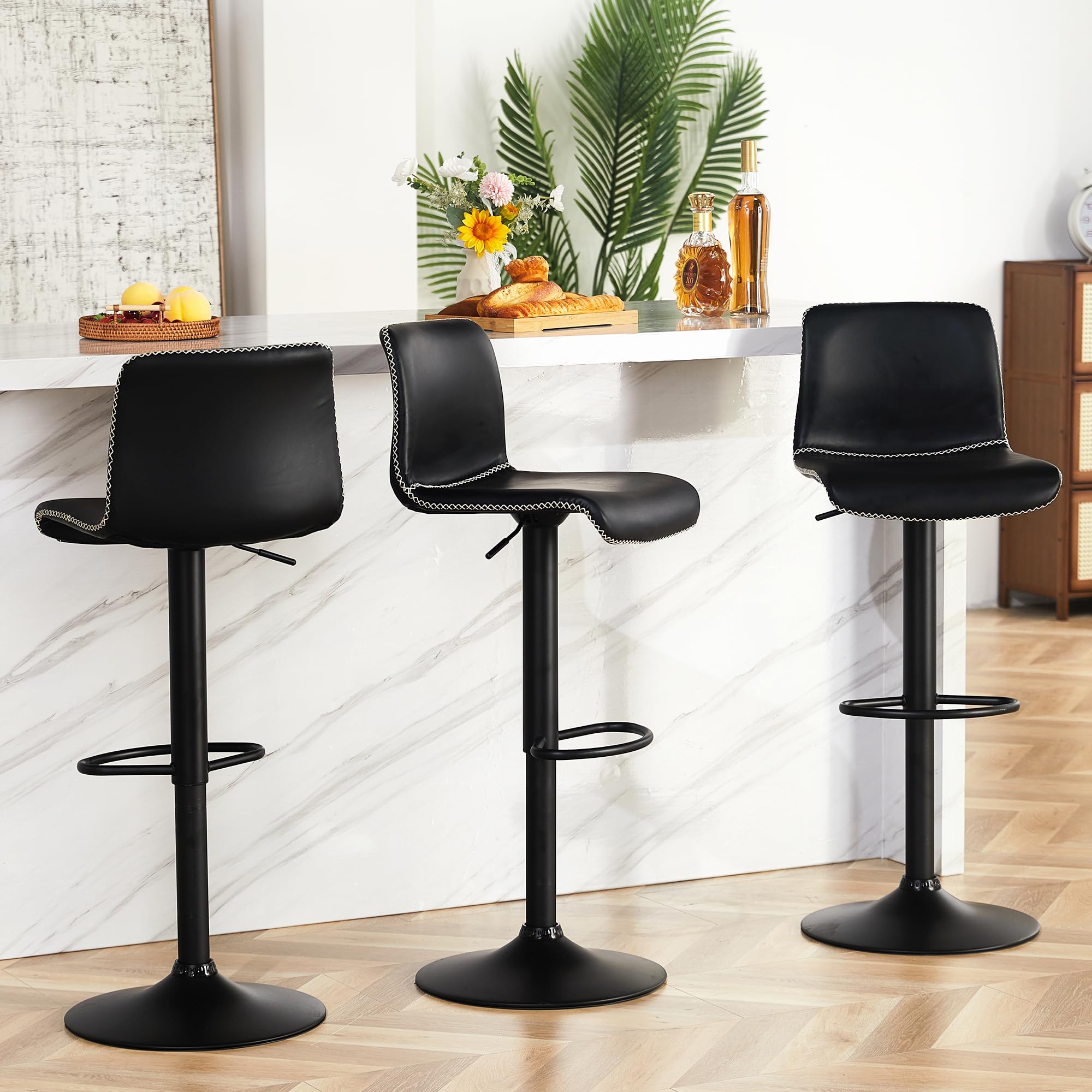 HeuGah Swivel Bar Stools Set of 3, Counter Height Bar Stools with Back, Adjustable Bar Stools 24 to 32, Black Faux Leather Bar S