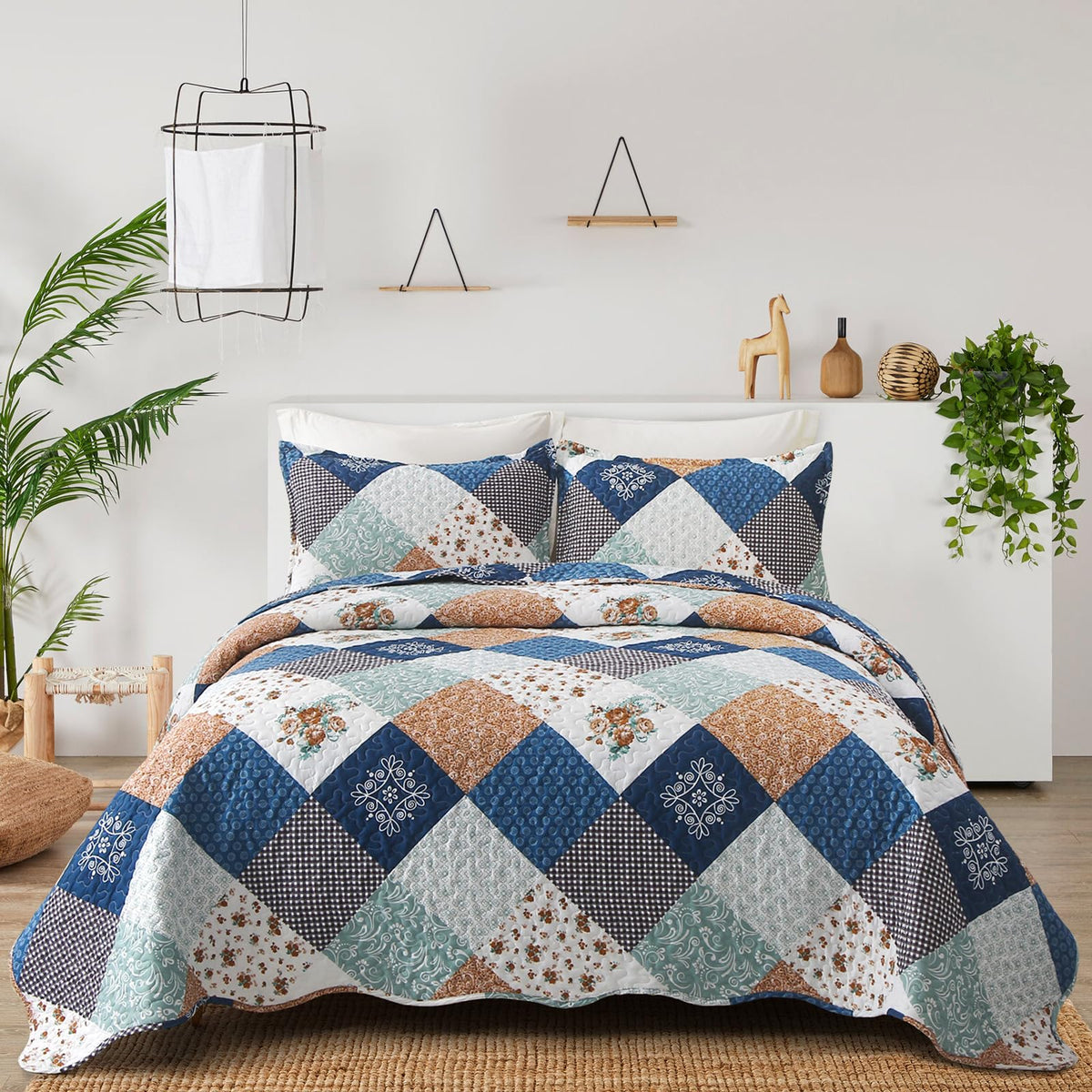 Dinjoy Reversible Patchwork Quilt Bedding Set King Size Blue Green Grey Plaid Floral Pattern Bedspread Set Soft Microfiber Cover