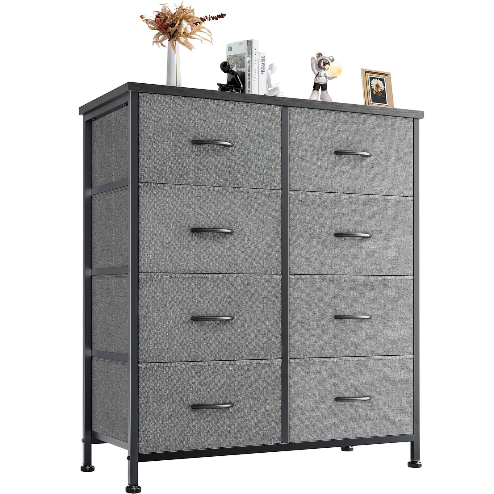 Dumos Dresser For Bedroom With 8 Fabric Drawers, Tall Chest Organizer Units For Clothing, Closet, Kidsroom, Storage Tower With Cabinet, Metal Frame, Wooden Top, Lightweight Nursery Furniture, Grey
