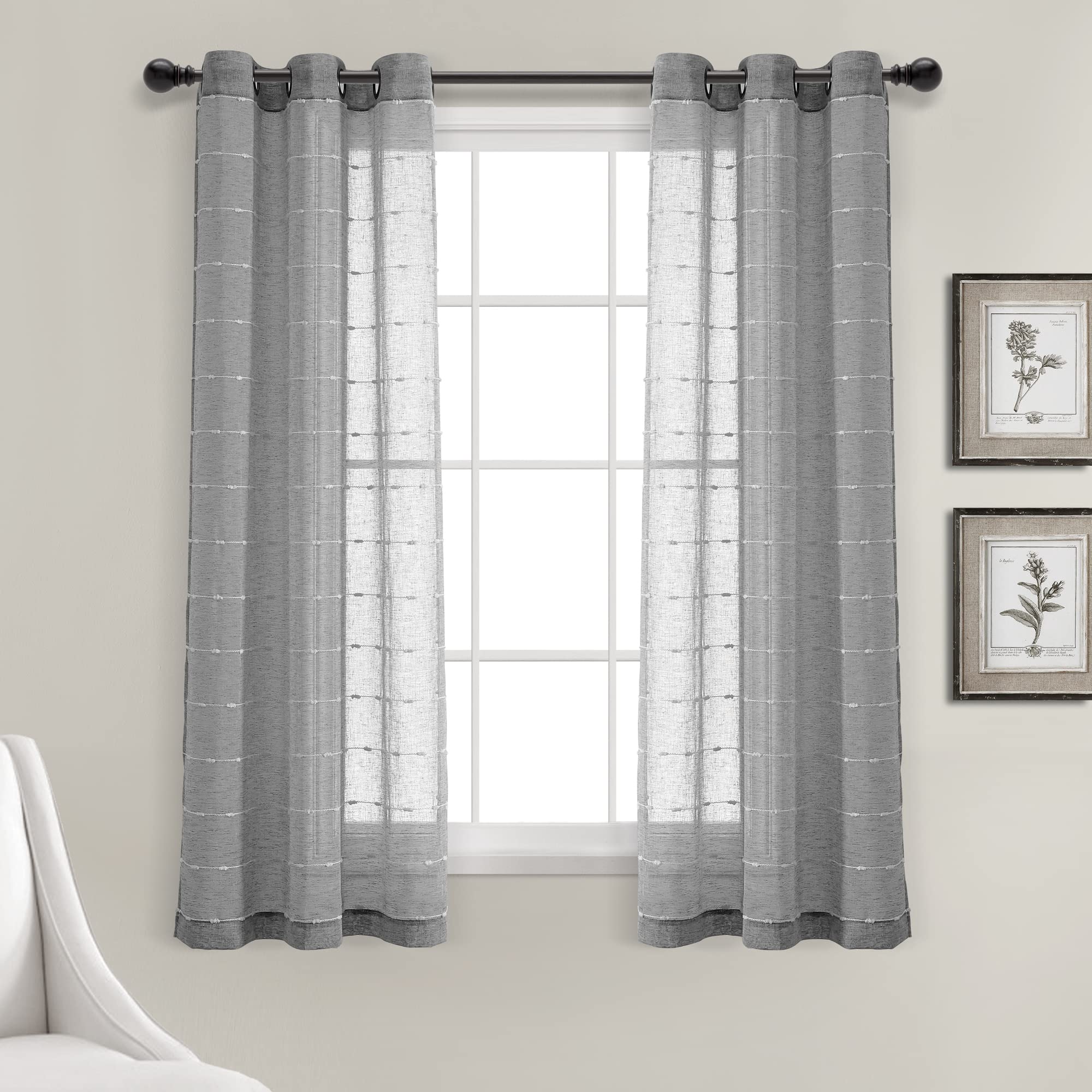 Lush Decor Farmhouse Textured Grommet Sheer Window Curtain Panel Pair, 38'W X 63'L, Dark Gray