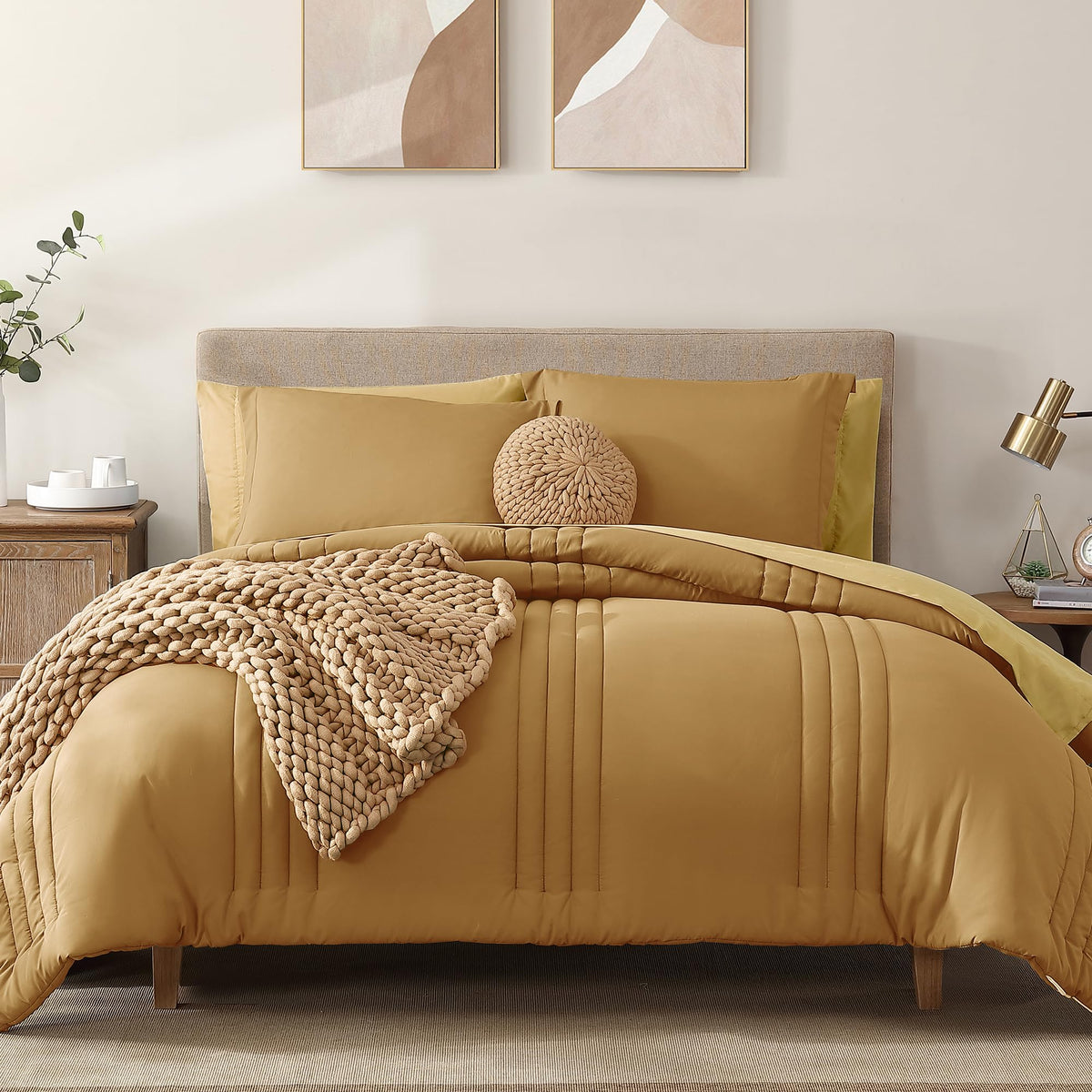 Monbix Queen Comforter Set - 7 Pieces Desert Yellow Bed In A Bag Queen Bedding Sets With Comforters, All Seasons Down Alternativ