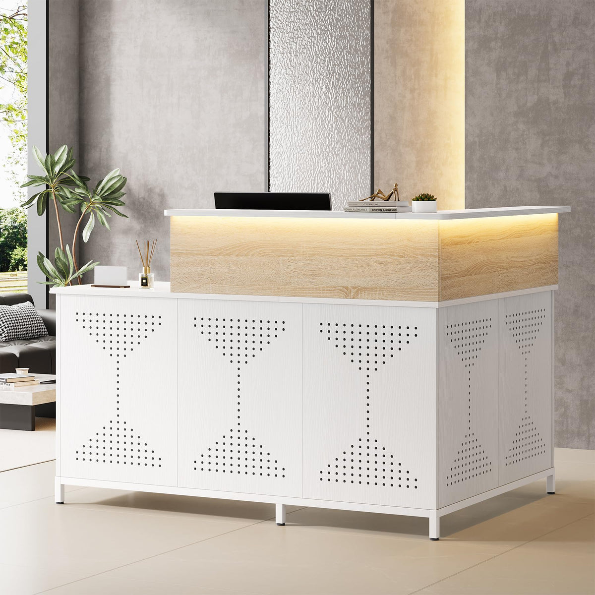 Condemo L-Shaped Reception Desk With Led Lights, 60 Inch Modern Front Desk, Checkout Counter Table For Office, Lobby, Cafe, Beau