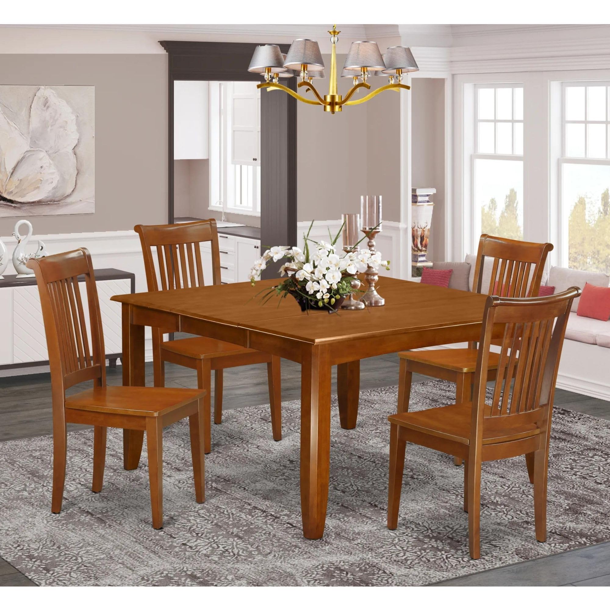 East West Furniture PFPO5-SBR-W 5 Piece Dinette Set for 4 Includes a Square Dining Table with Butterfly Leaf and 4 Dining Room Chairs, 54x54 Inch, Saddle Brown
