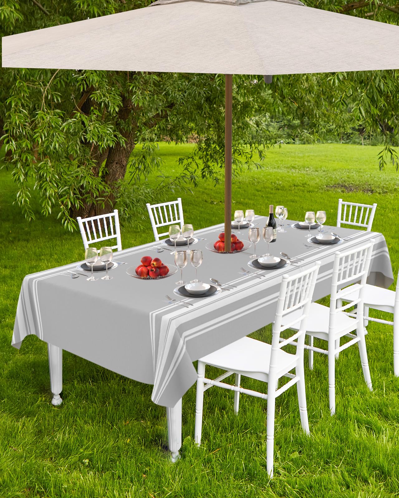 Queenker Outdoor Tablecloth With Umbrella Hole, Farmhouse Gray White Stripe Rectangle Tables Waterproof Tabletop Collection For