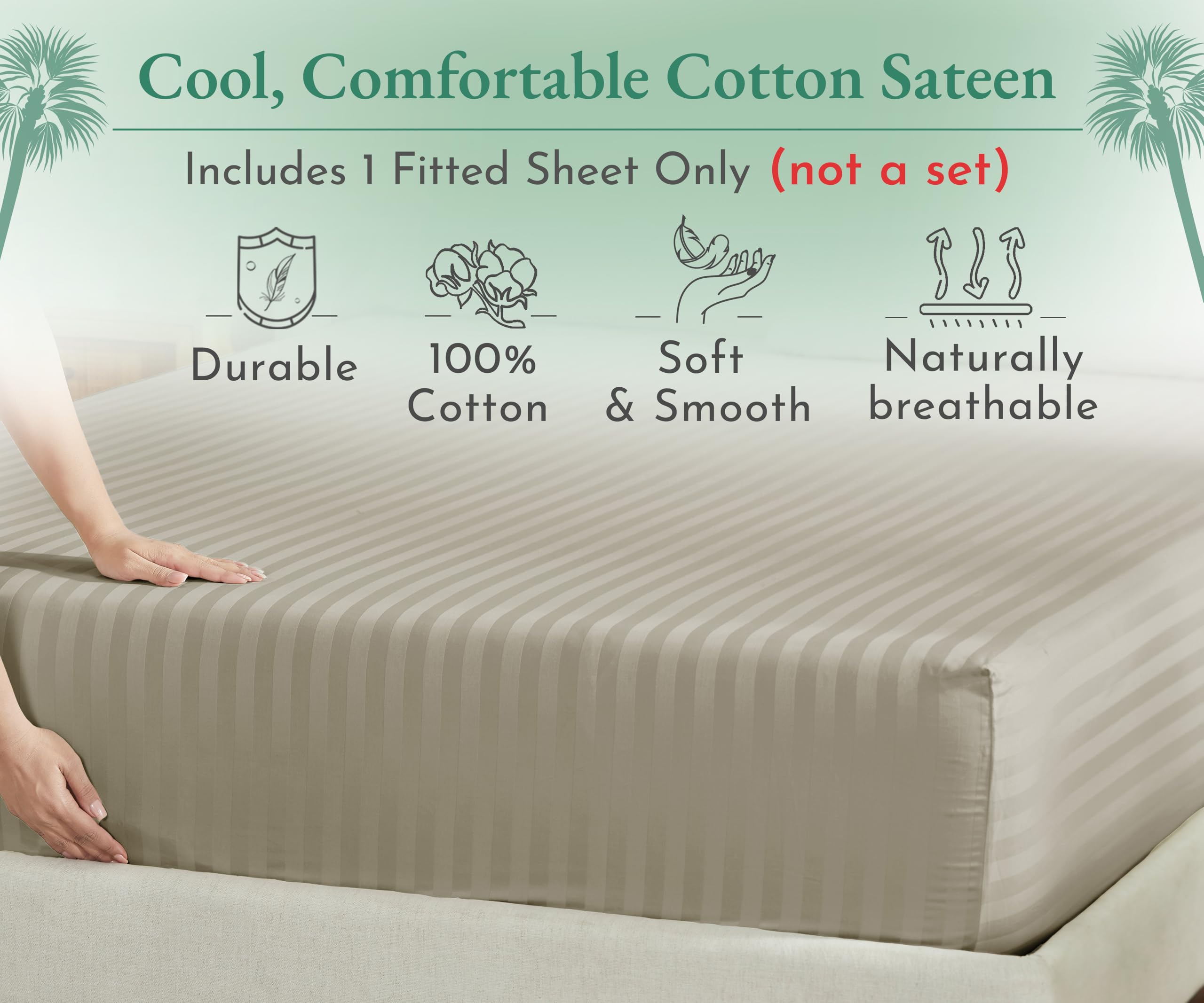 California Design Den Luxury Cotton Sateen Damask Stripe Full Fitted Sheet Only - Soft 100% Cotton Sateen, Deep Pocket Bottom Fitted Sheet, Hotel Quality With A Foot Side Indicator - Khaki