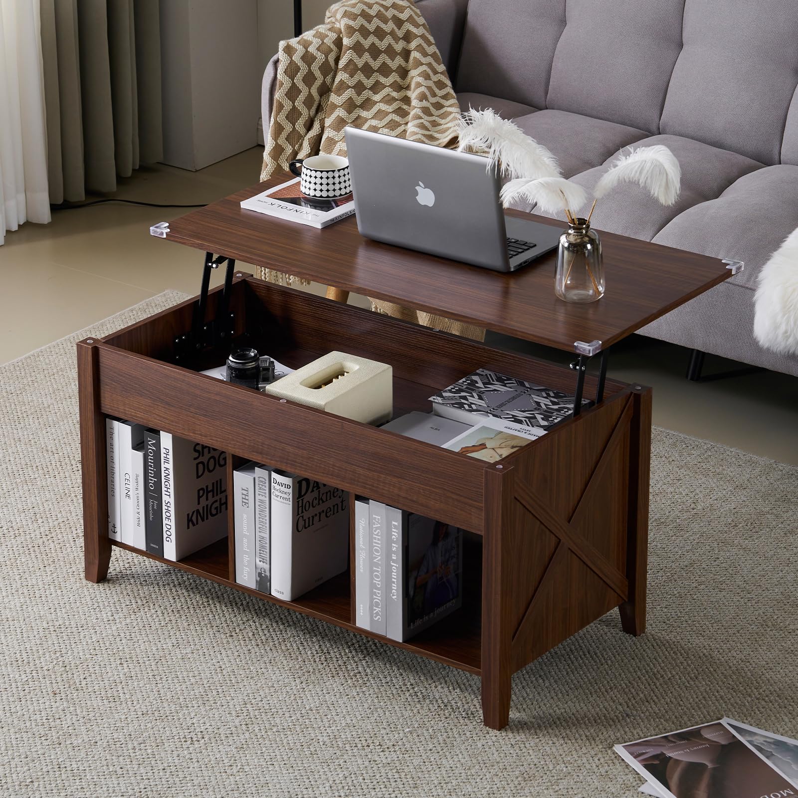 VINGLI Farmhouse Lift Top Coffee Table, Coffee Tables for Living Room with Storage Shelf/Hidden Compartment, Mesa De Centro para