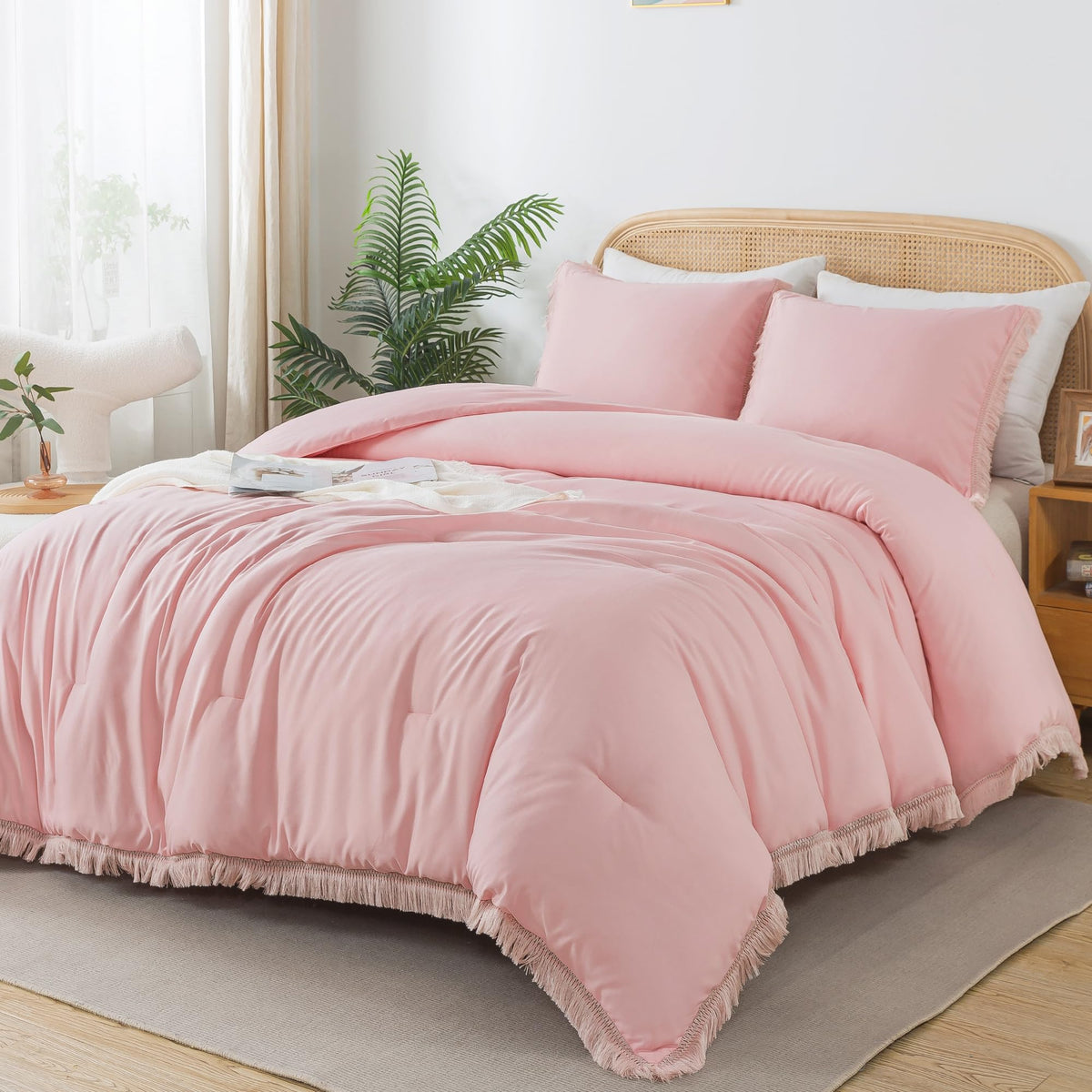 Andency Pink Comforter Set California King For Girls, Boho Women Tassel Lightweight Bedding Comforter Sets, 3 Pieces All Season Soft Fluffy Fringe Bed Set (104X96In Comforter & 2 Pillowcases)