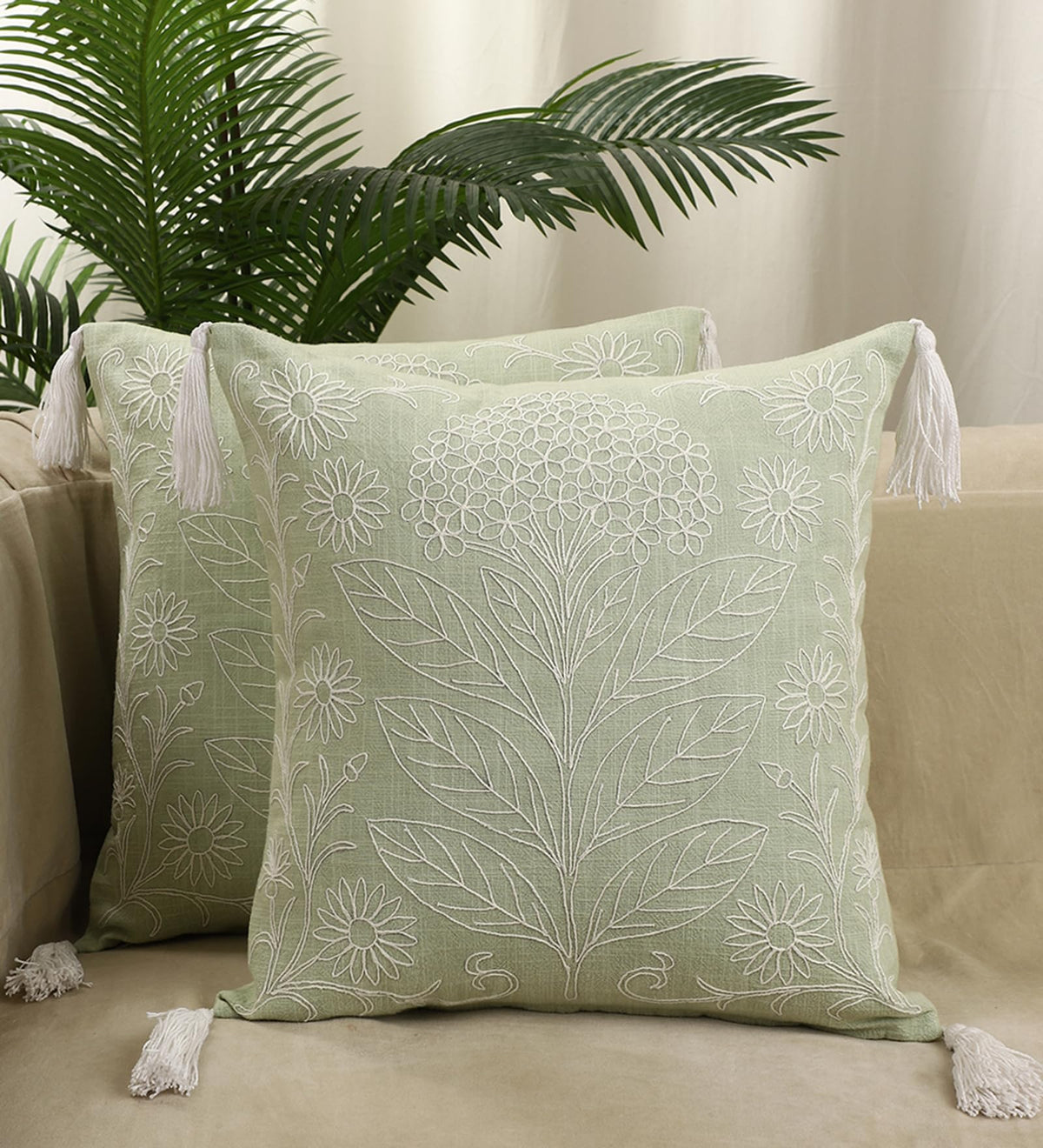 Jamio Firati Embroidered Floral Throw Pillow Cover, Sage Green With White Tassels, Decorative Cushion Cover