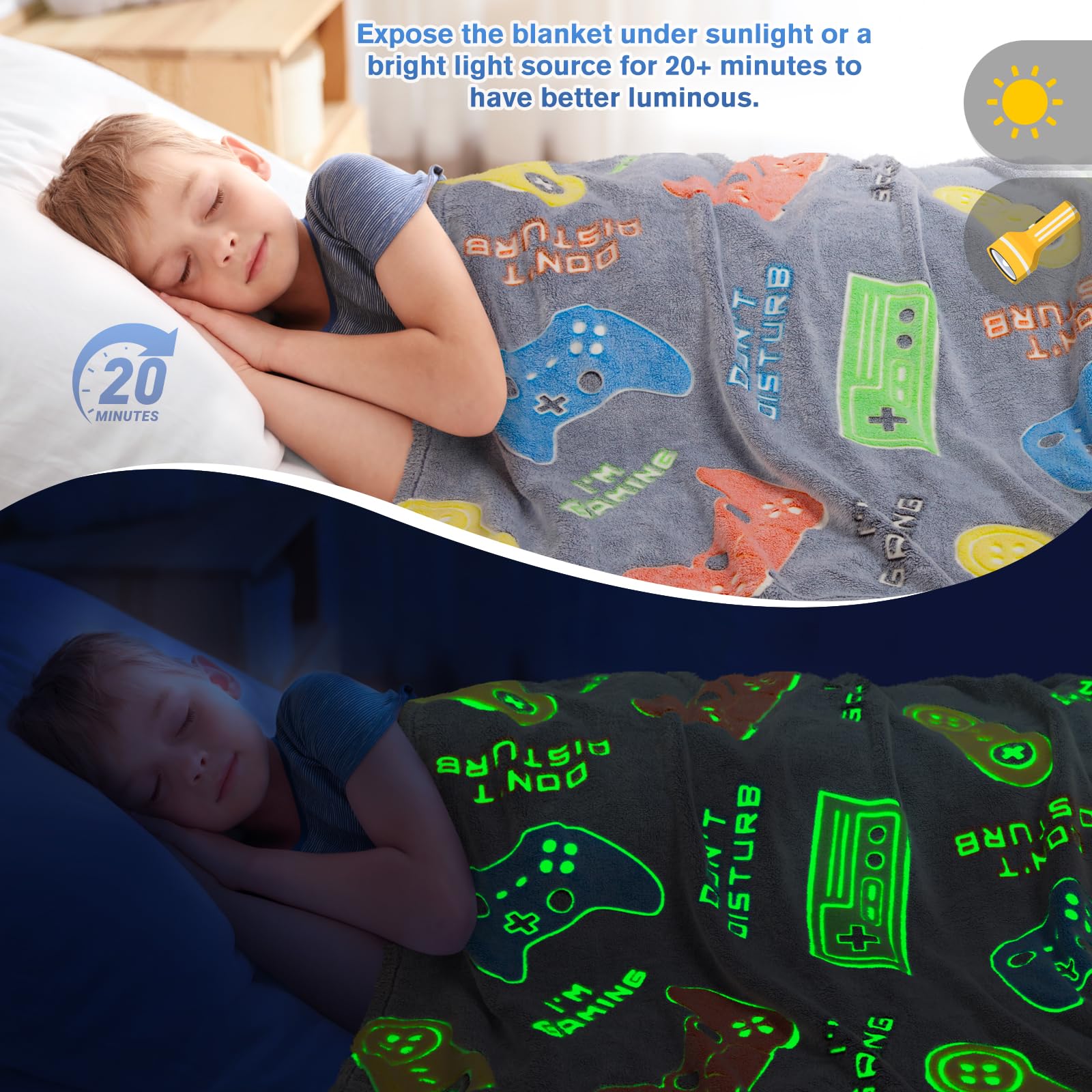 Gaming Blanket Toys Gifts For Boys - Glow In The Dark Game Controller Throw For Kids Age 1-14 Year Old Child Toddler Teen Birthd