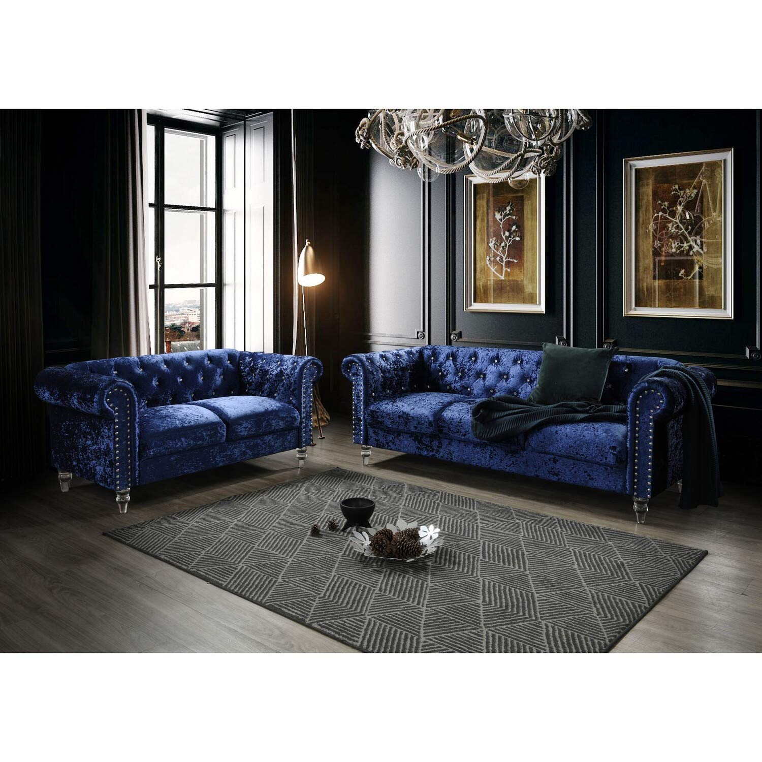 Global Furniture USA Dark Blue Velvet Tufted KD Sofa