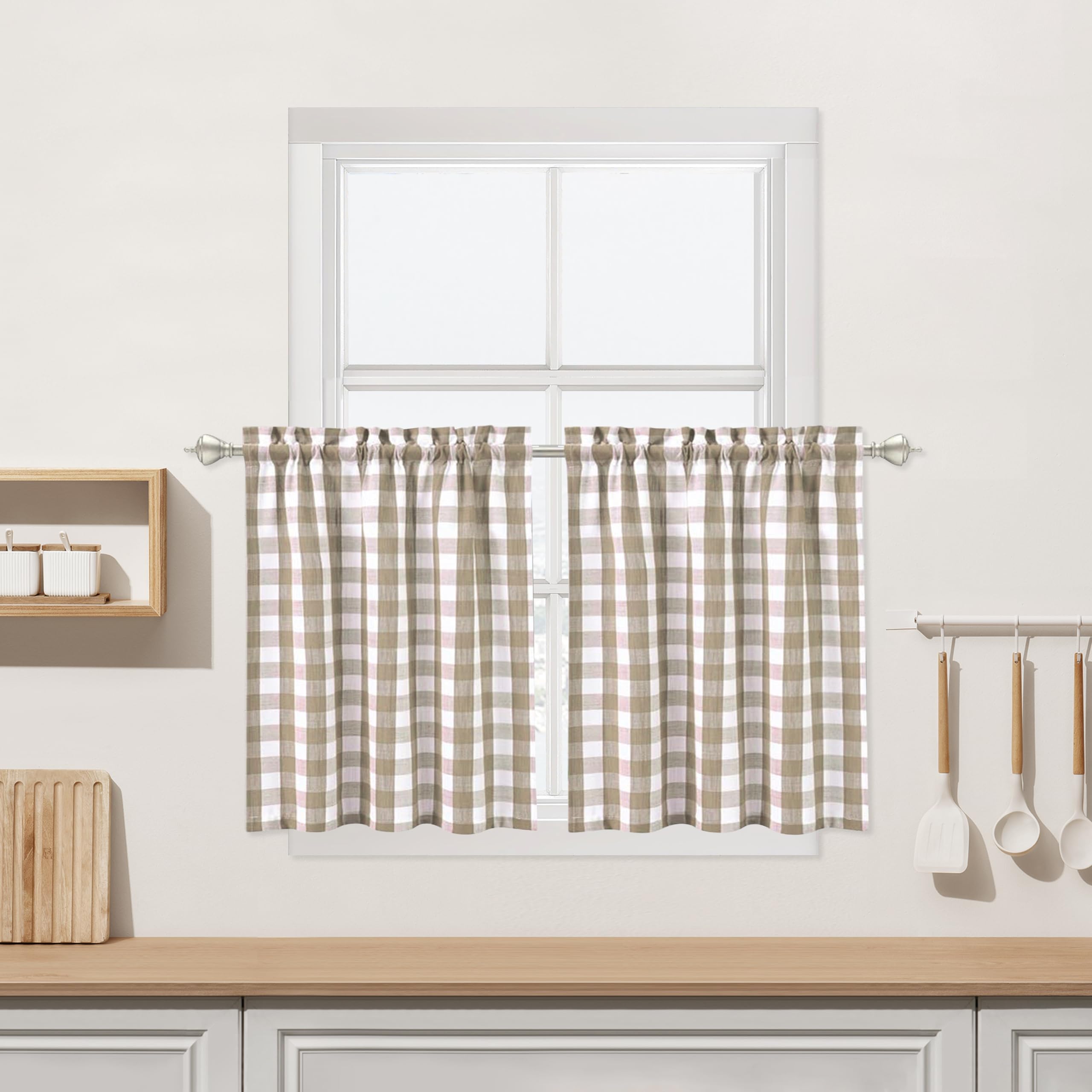 Buffalo Plaid Cafe Curtains 36 Inches Long, Beige Buffalo Check Kitchen Tier Curtains, Farmhouse Gingham Rod Pocket Short Tier C