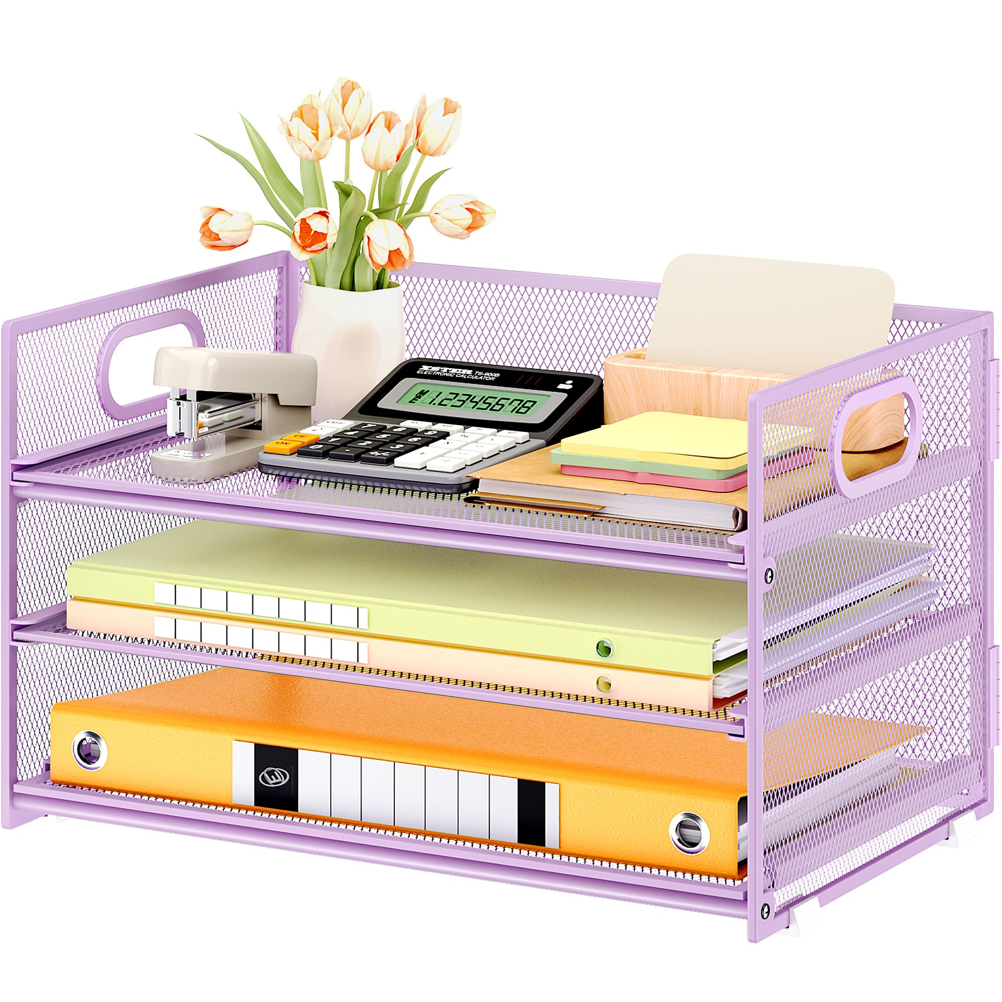 Subekyu 3 Tier Letter Tray Paper Organizer With Handle And 1 Pc Sliding Tray, Purple Metal Mesh Desk File Folder Paper Sorter Or
