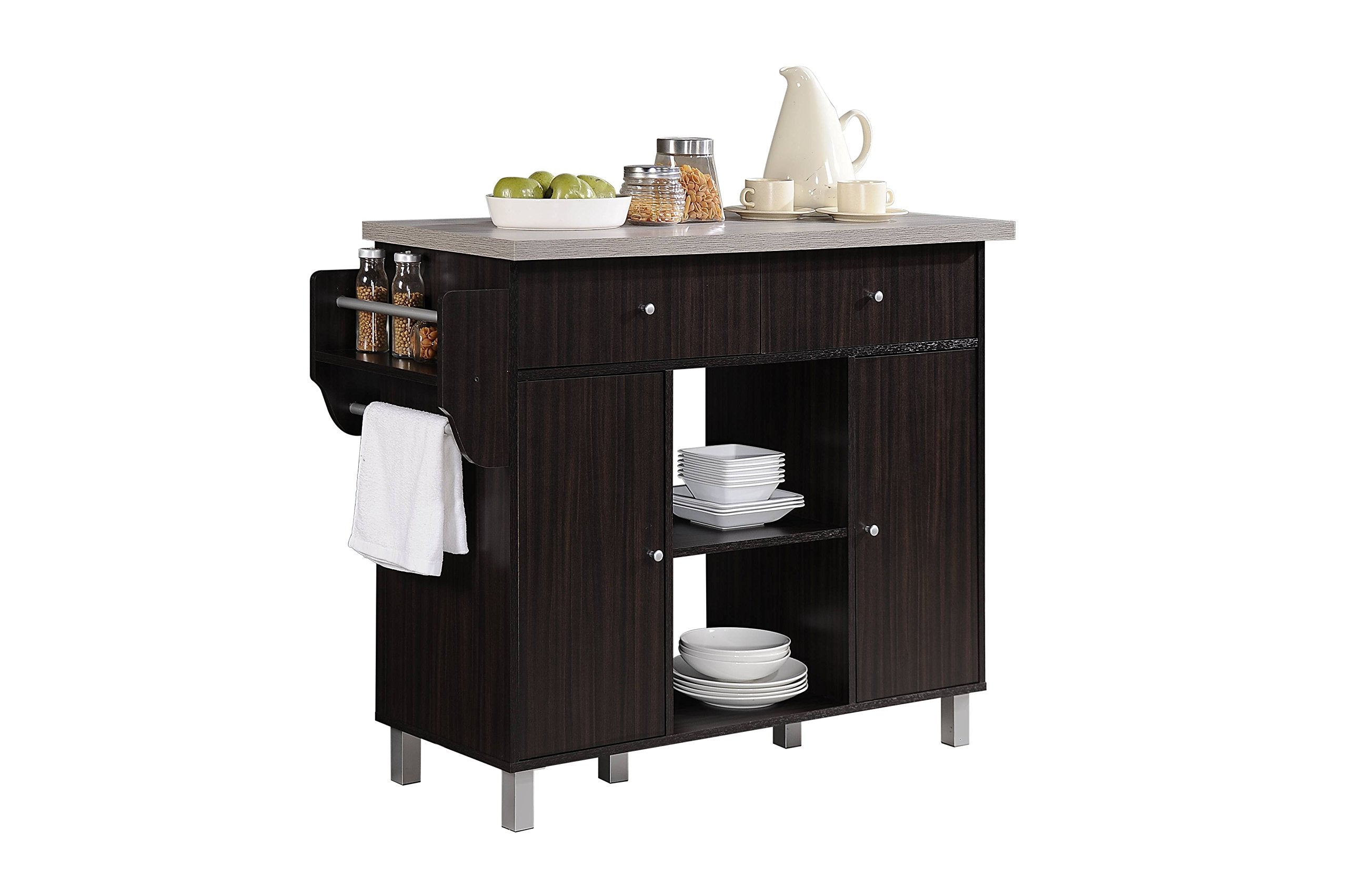 Hodedah Import Island with Spice Rack & Towel Rack Kitchen Cabinet, Chocolate