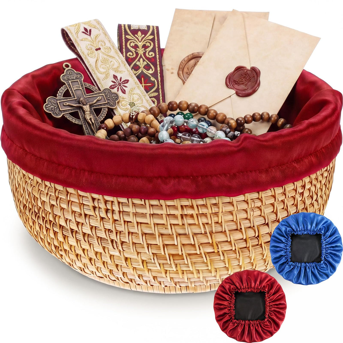 Newtay 10.3 Inch Round Offering Baskets for Church, Wicker Offering Bowl with 2 Removable Liners, Rattan Church Tithes Donation 
