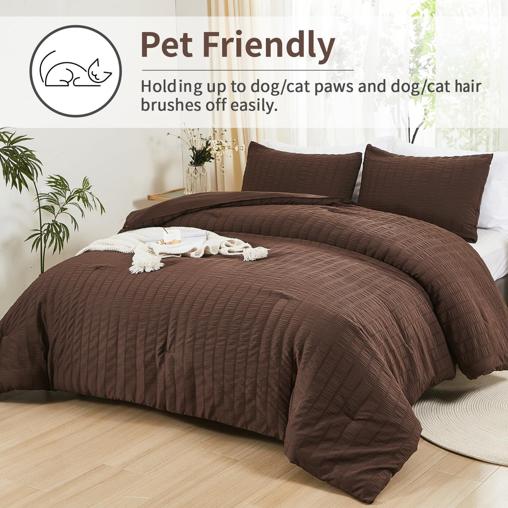 Avelom Brown Seersucker King Comforter Set (104X90 Inches), 3 Pieces-100% Soft Washed Microfiber Lightweight Comforter With 2 Pillowcases, All Season Down Alternative Comforter Set For Bedding