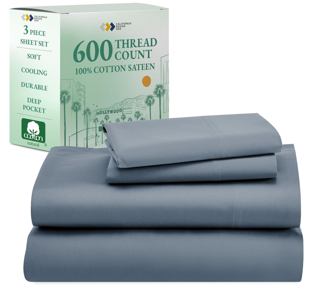 California Design Den 5-Star Hotel Quality Twin Sheet Set, 100% Cotton Sateen, 600 Thread Count 3 Pc Is Soft & Smooth With Deep