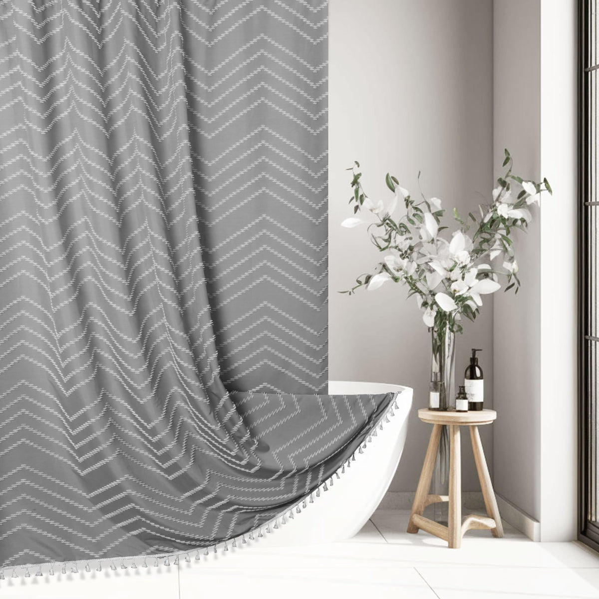 Boho Shower Curtain With Tassel Woven Fabric Grey Shower Curtain 72 X 72 Modern Farmhouse Textured Tufted Chevron Striped Minima