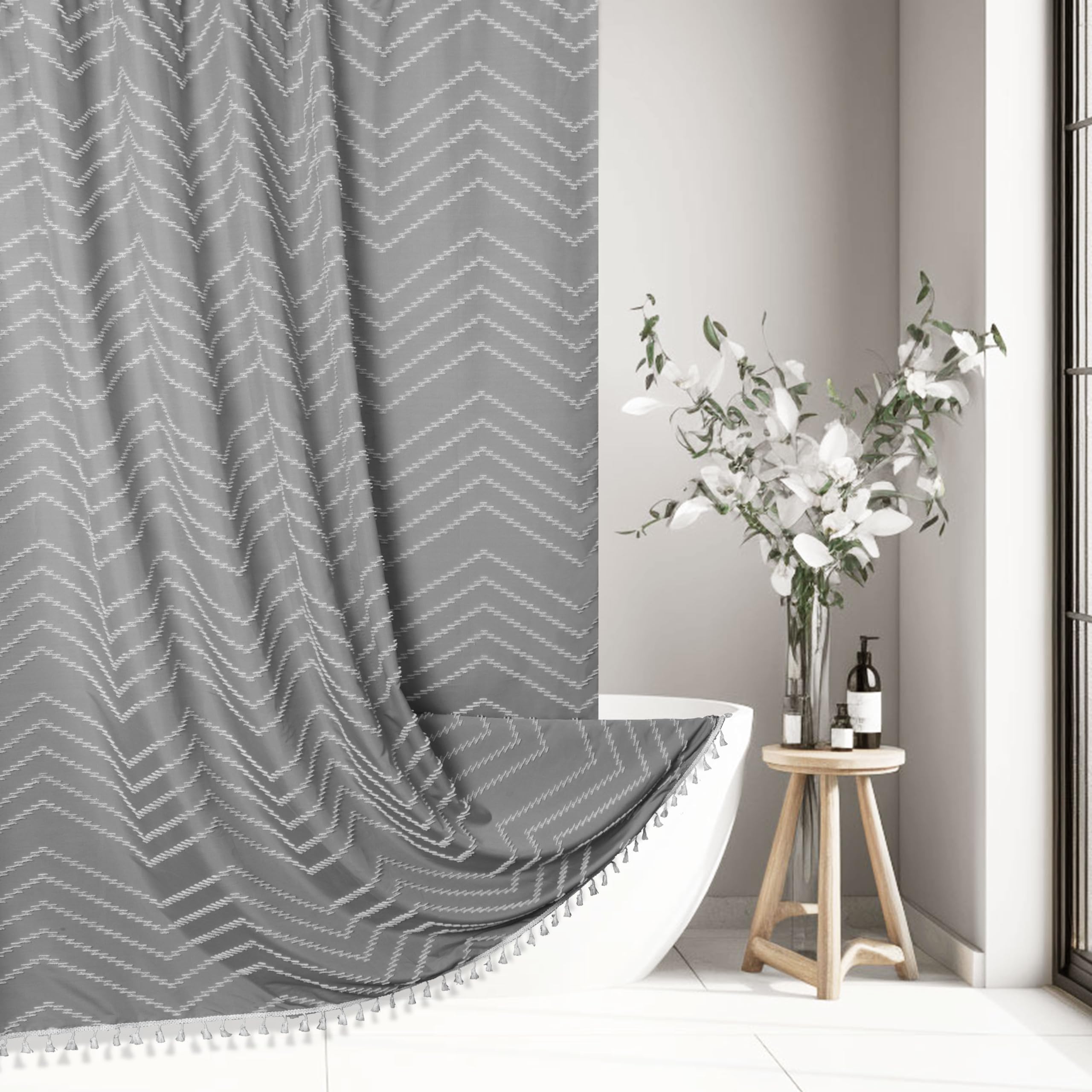 Boho Shower Curtain With Tassel Woven Fabric Grey Shower Curtain 72 X 72 Modern Farmhouse Textured Tufted Chevron Striped Minima