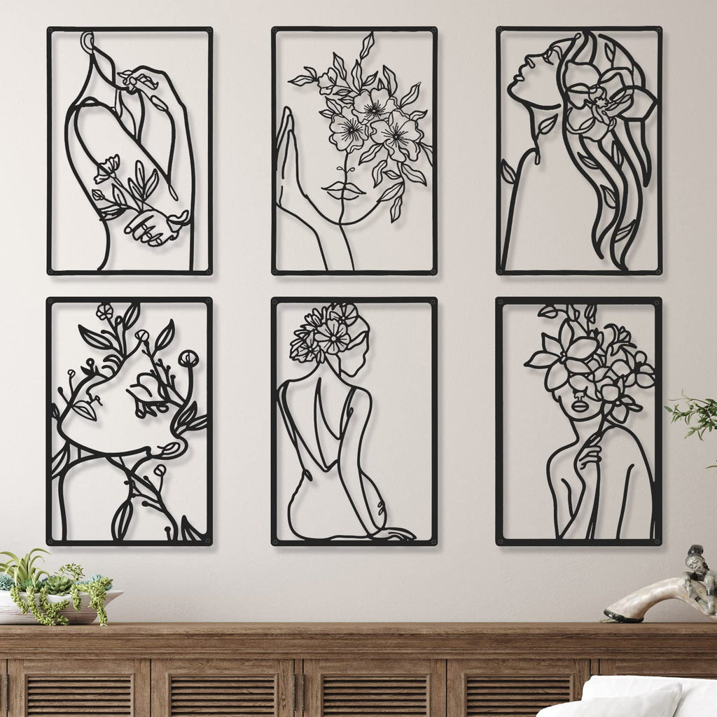 6 Pieces Black Metal Wall Decor Modern Minimalist Abstract Woman Wall Art Aesthetic Female Wall Sculpture Line Drawing Hanging A