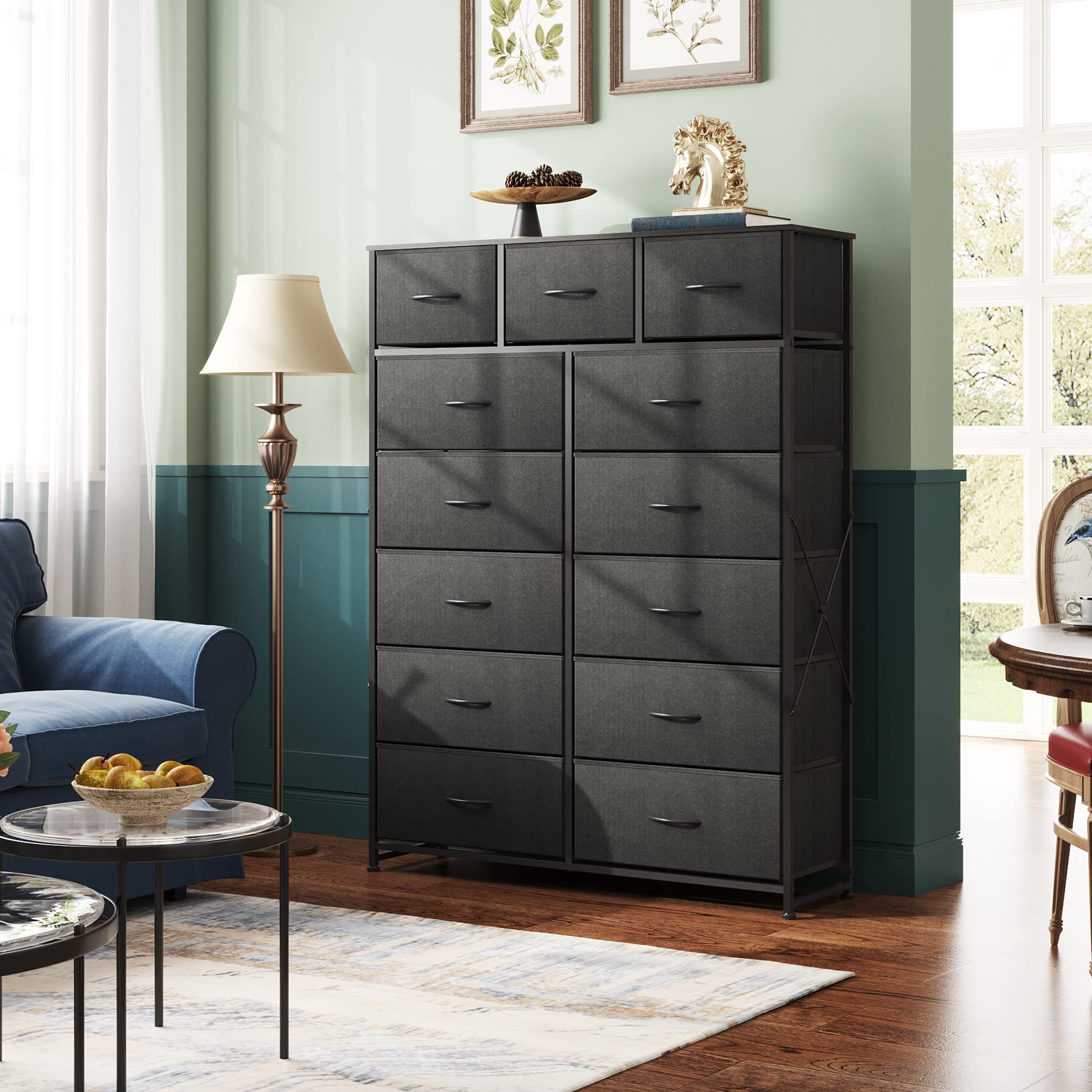 Wlive Tall Dresser For Bedroom With 13 Drawers, Storage Dresser Organizer Unit, Fabric Dresser For Bedroom, Closet, Chest Of Drawers With Fabric Bins, Steel Frame, Wood Top, Charcoal Black