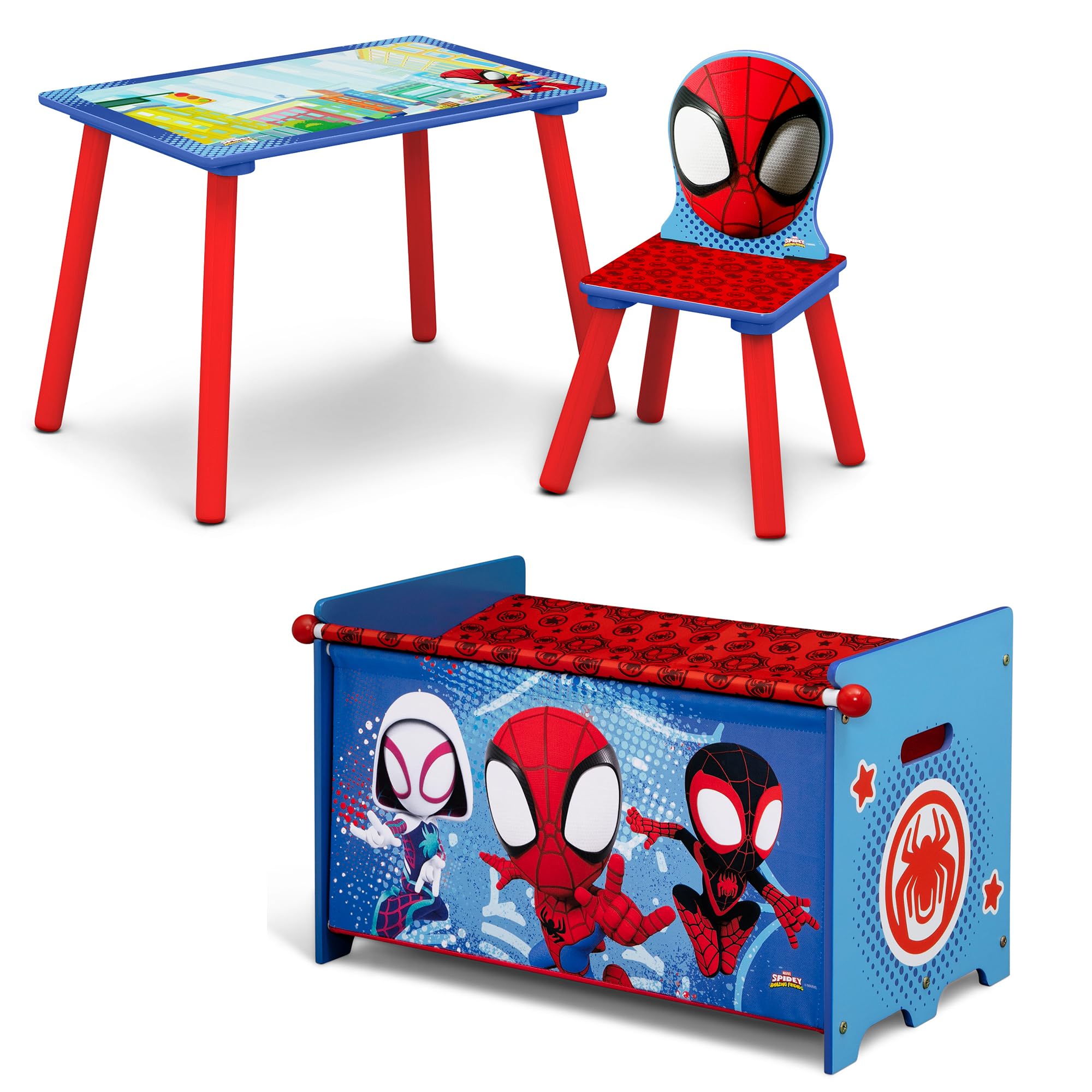 Delta Children Marvel Spidey and His Amazing Friends 3-Piece Toddler Playroom Set - Includes Table, Chair and Toy Box, Blue/Red