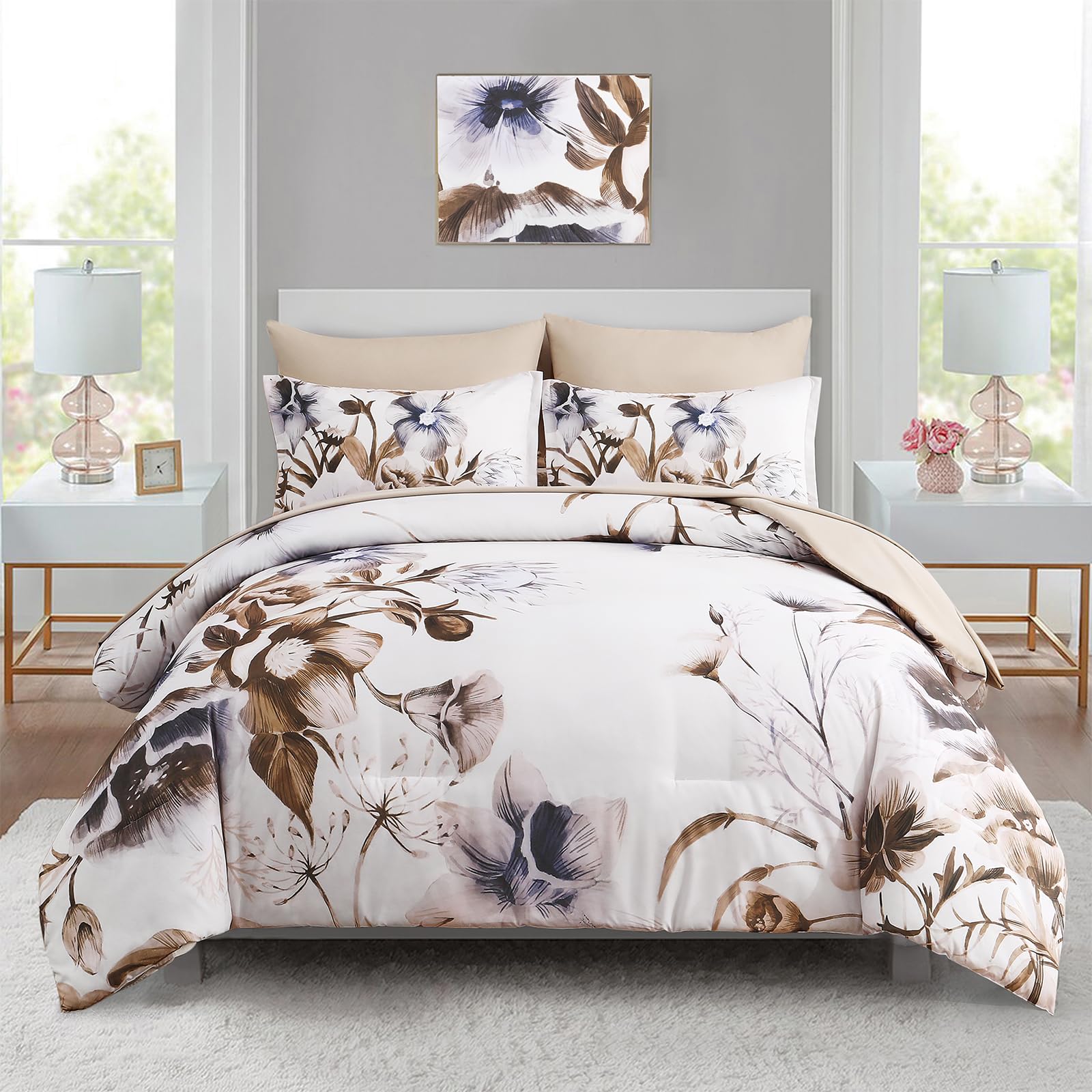 Luxudecor Floral Comforter Set King Size 7 Piece, Beige Flower Bed In A Bag, Elegant Comforter Bedding Set For All Season (Beige