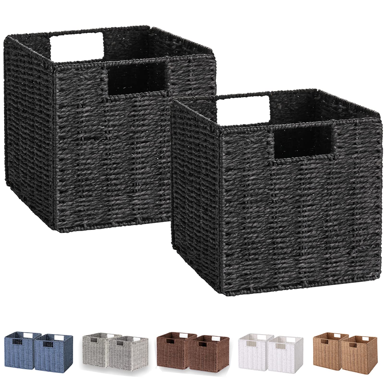 Vagusicc Wicker Basket, Set of 2 Woven Storage Baskets for Shelves, Foldable Cube Storage Basket Bins with Handles, 9 inch Small