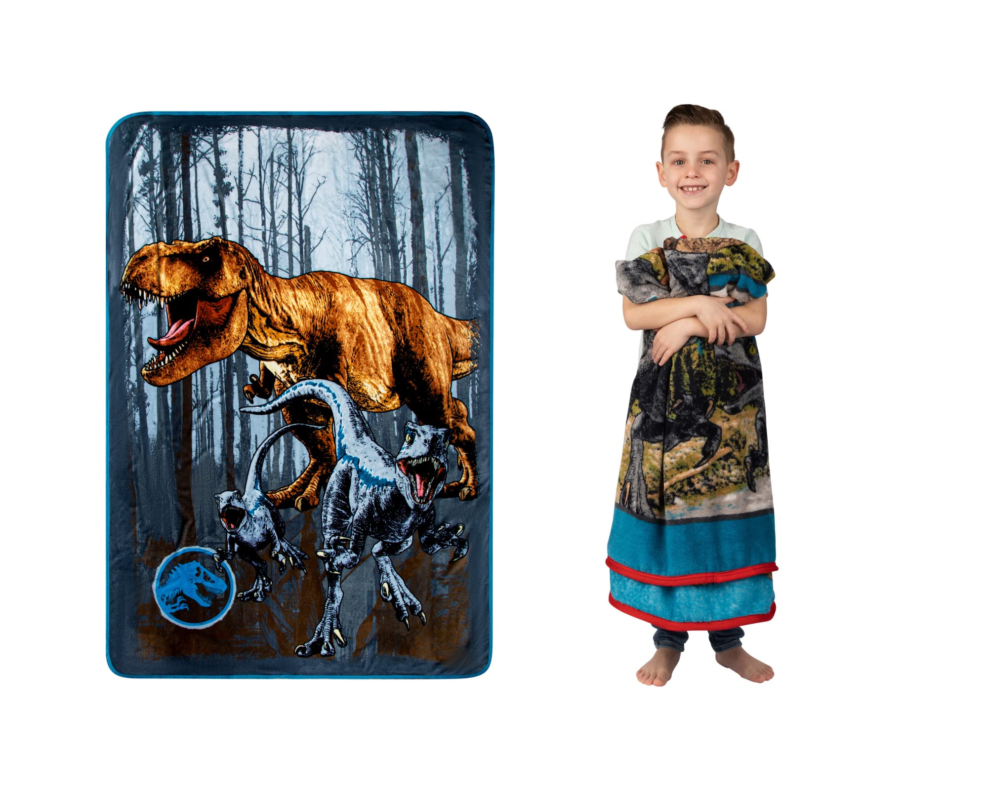 Jurassic World Dominion Blue Velociraptor And Rexy T-Rex Super Soft Plush Micro Raschel Blanket, 46 Inches X 60 Inches, Bedding