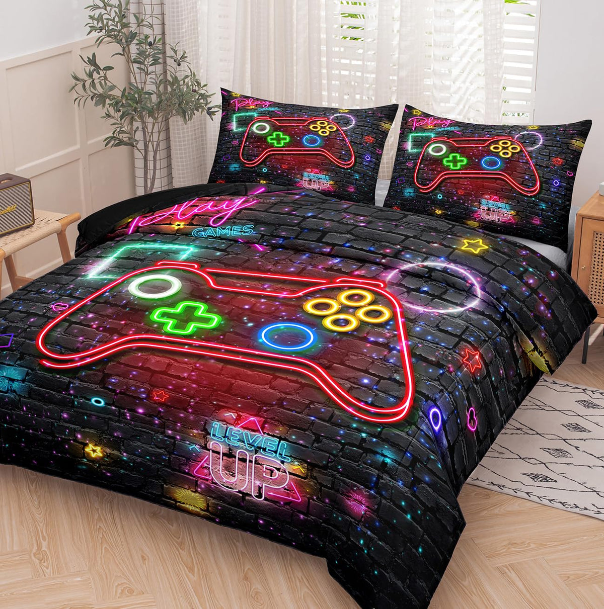 Ninenine Gaming Bedding Sets For Boys 5Pcs Queen Size Gaming Comforter Gampad Contoller Video Kids Teens Black Bedding Comforter