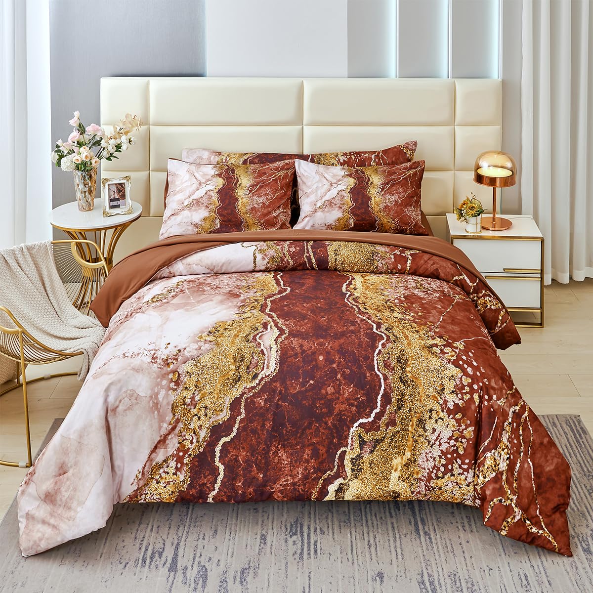Perfemet 6 Pcs Marble Comforter Set Queen Coffee Brown Watercolor Marble Printed Quilt Complete Set Luxury Retro Artwork Style B