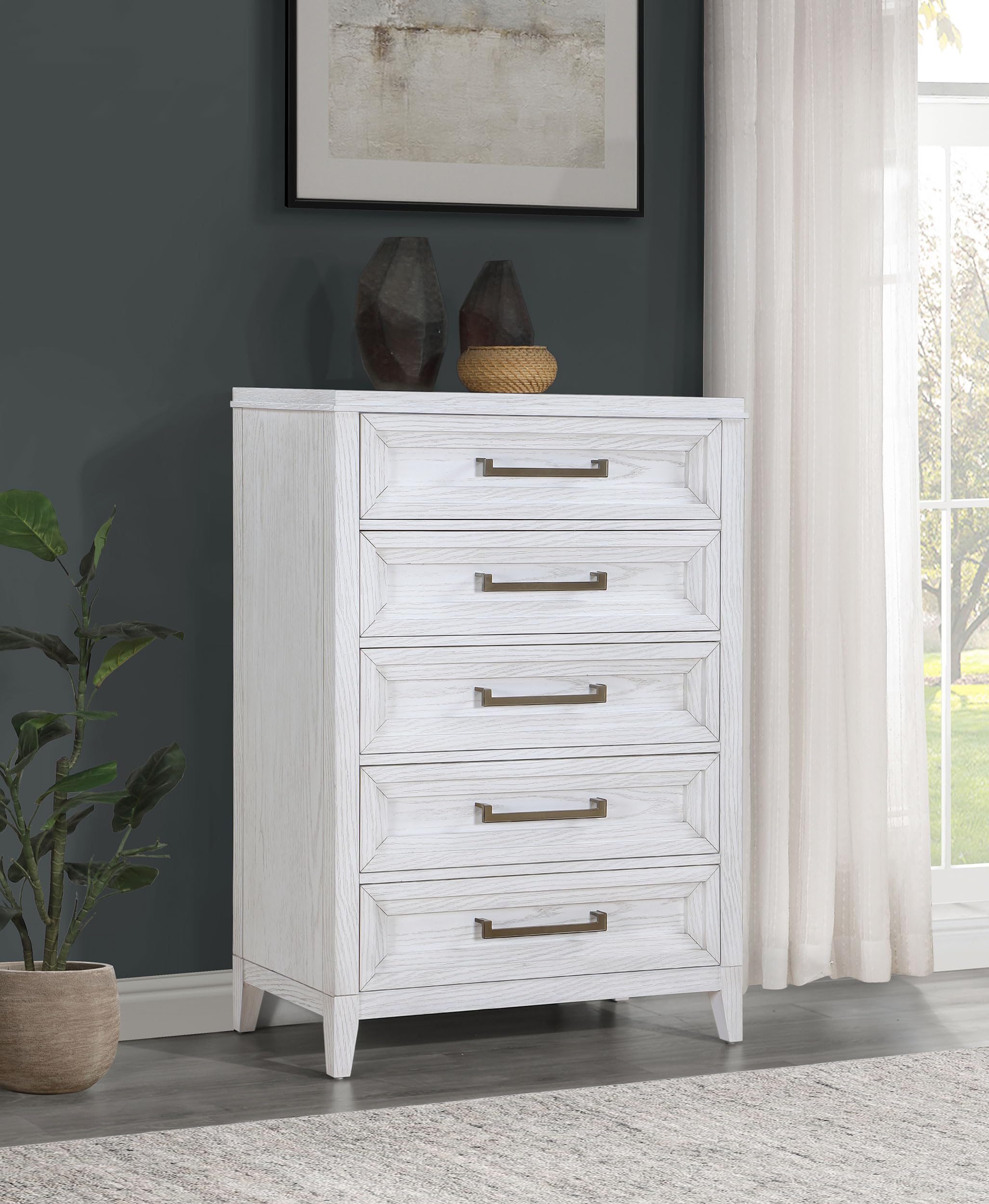 Coaster Home Furnishings Marielle Coastal Wood 5-Drawer Bedroom Chest of Drawers Chiffonier Clothing Storage Cabinet Bedroom Armoire Tall Dresser Organizer Unit Distressed White 224845