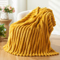 Newcosplay Super Soft Throw Blanket Mustard Yellow Premium Silky Flannel Fleece 3D Ribbed Jacquard Lightweight Bed Blanket All S