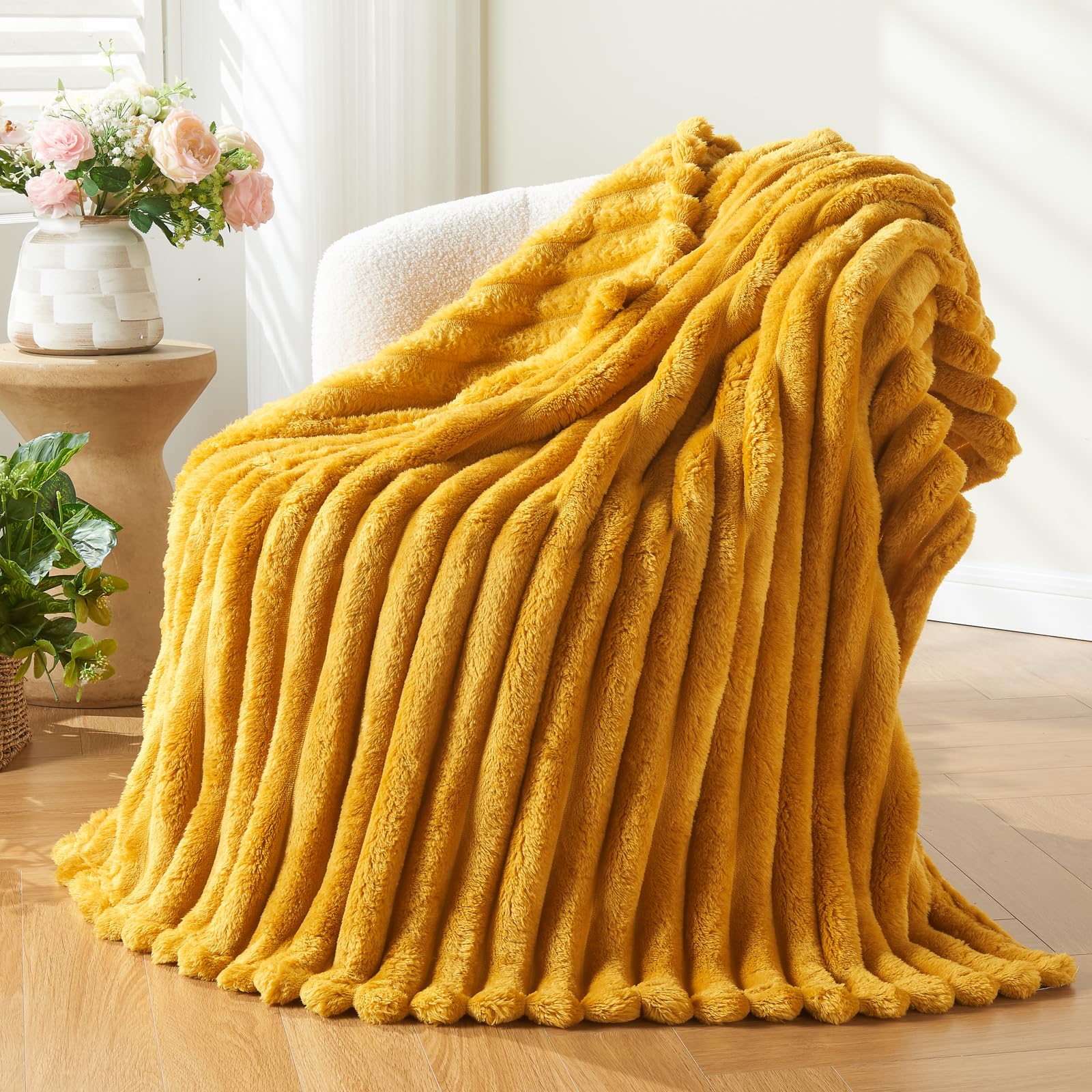 Newcosplay Super Soft Throw Blanket Mustard Yellow Premium Silky Flannel Fleece 3D Ribbed Jacquard Lightweight Bed Blanket All S