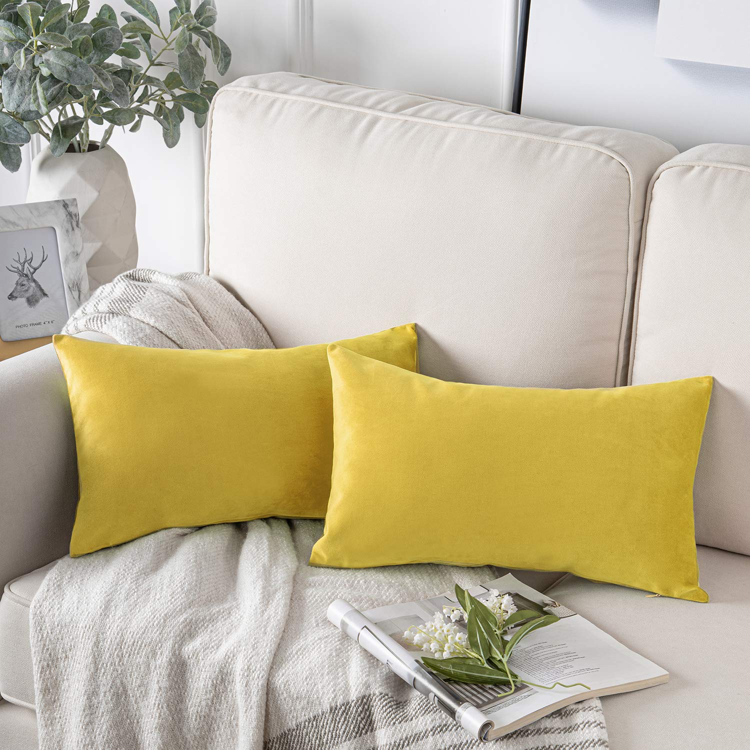 Phantoscope Pack Of 2 Velvet Decorative Throw Decorative Pillow Cover Soft Solid Square Cushion Case For Couch Yellow 12 X 20 In