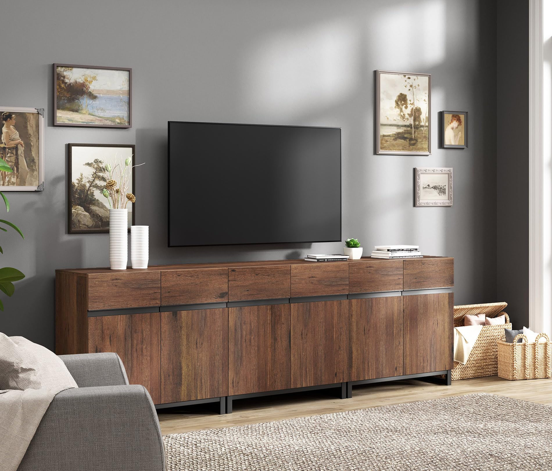 Wampat Modern TV Stand for 100 inch TVs, 3 in 1 Entertainment Center Console with Adjustable Shelves and Metal Base for Living R