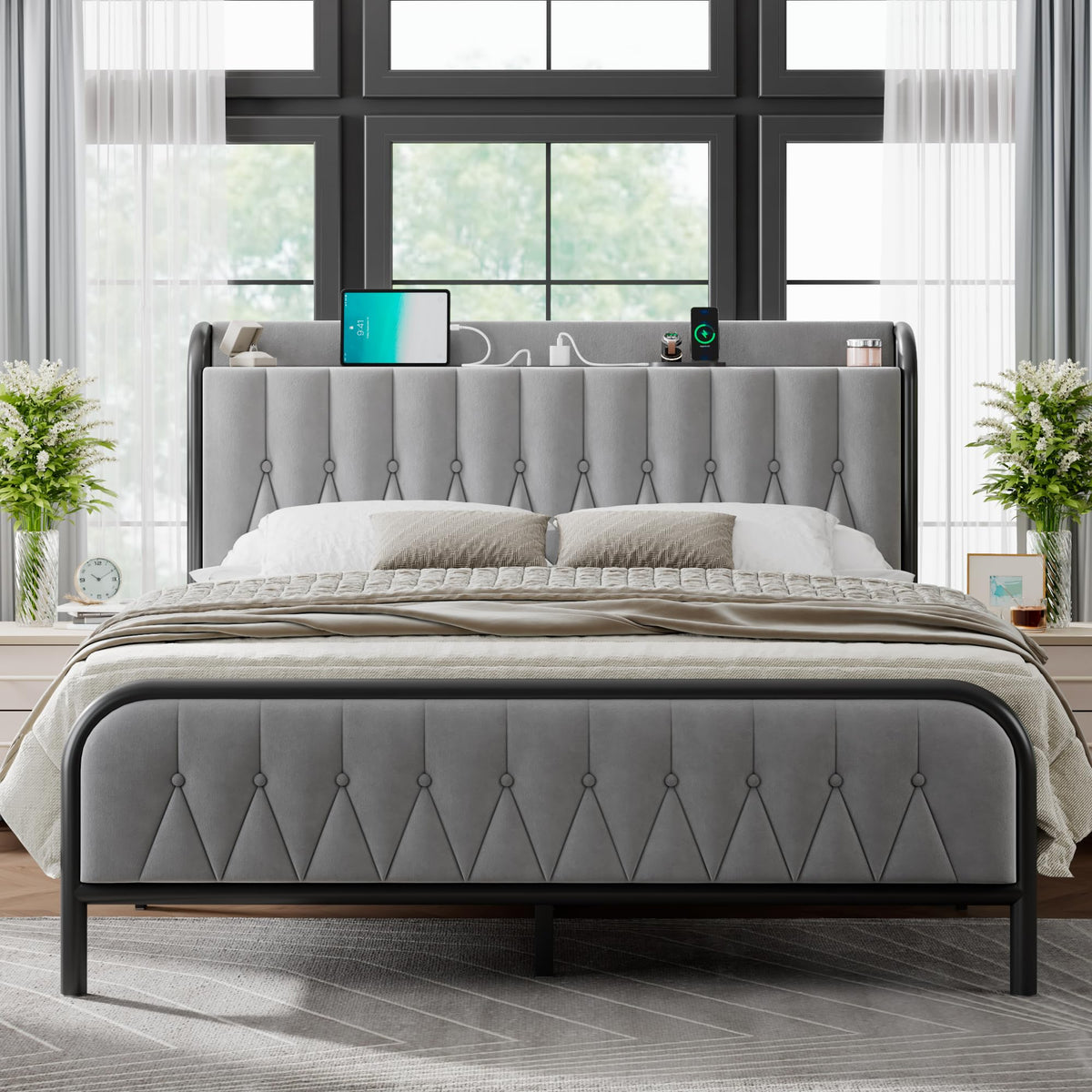 Feonase Velvet Full Size Bed Frame With Fast Charging Station,Full Metal Platform Beds With Upholstered Headboard & Footboard,12' Under Bed Storage Space,Easy Assembly,Noise-Free,Matte Gray
