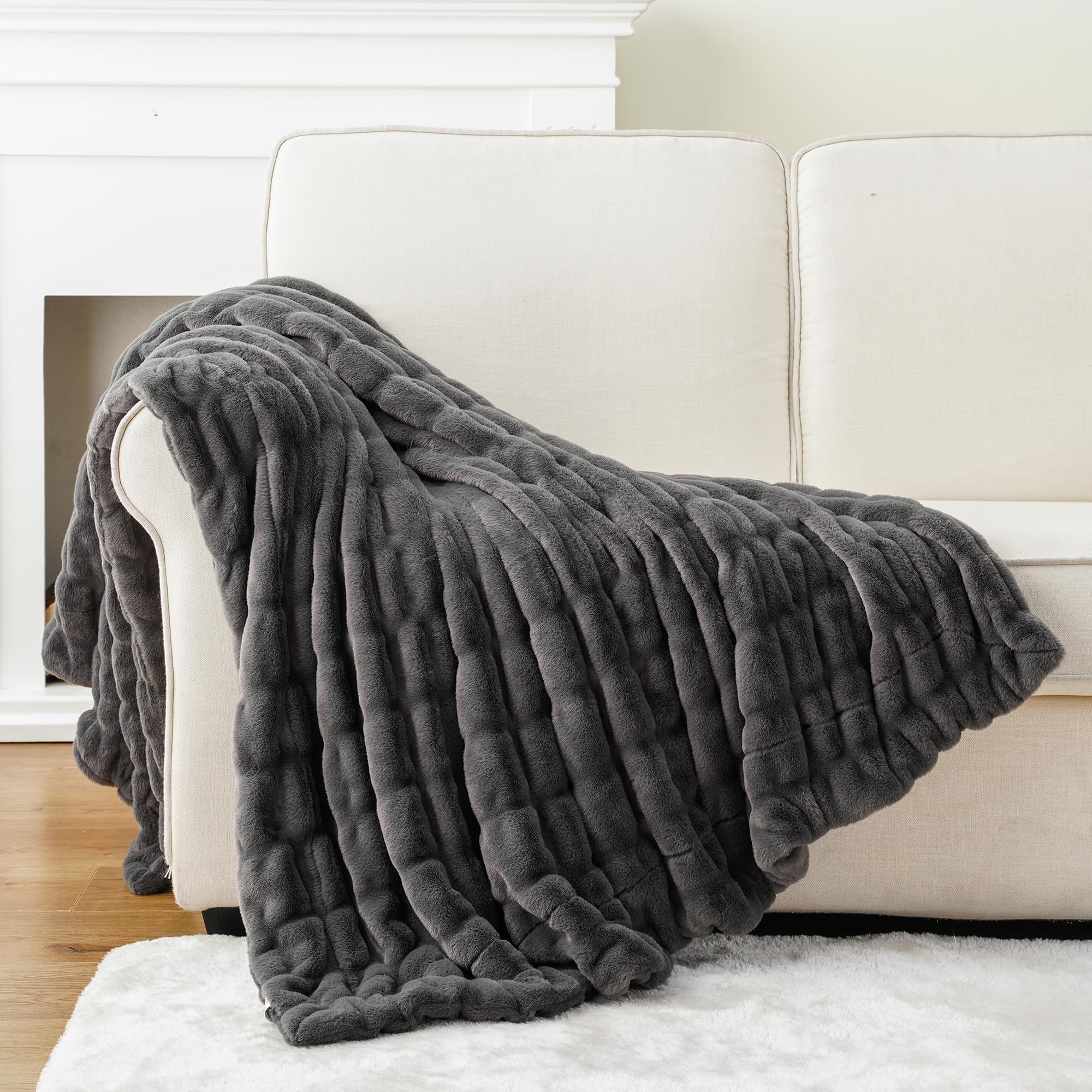Battilo Home Luxury Grey Faux Fur Throw Blanket, Double Side Ruched Rabbit Fur Blanket For Couch, Bed, Cozy Soft Warm Blanket, 6