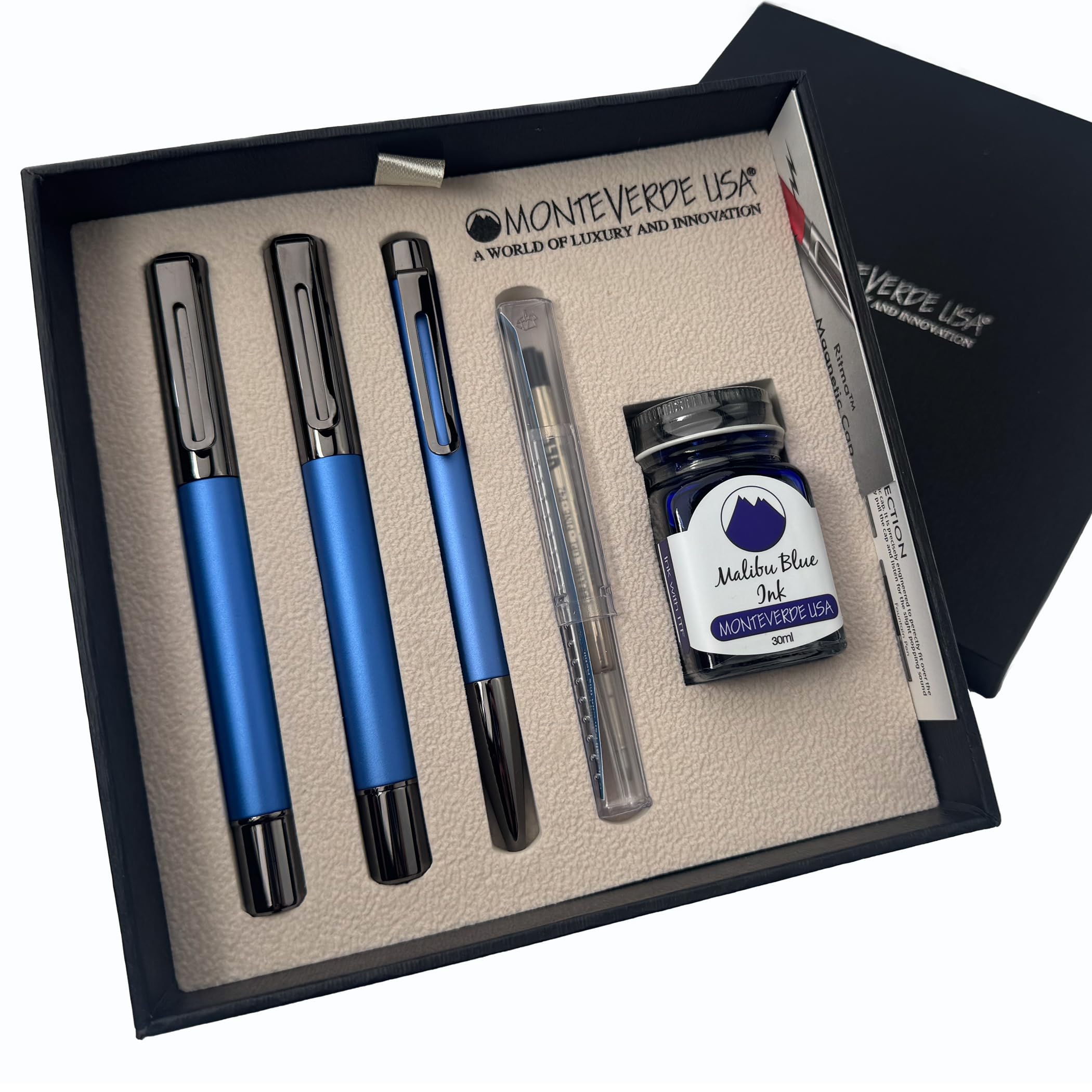 Monteverde Ritma 3+2 Piece Gift Set, Blue - Includes Broad Nib Fountain Pen, Rollerball, Ballpoint, 30Ml Ink & Refill - Premium