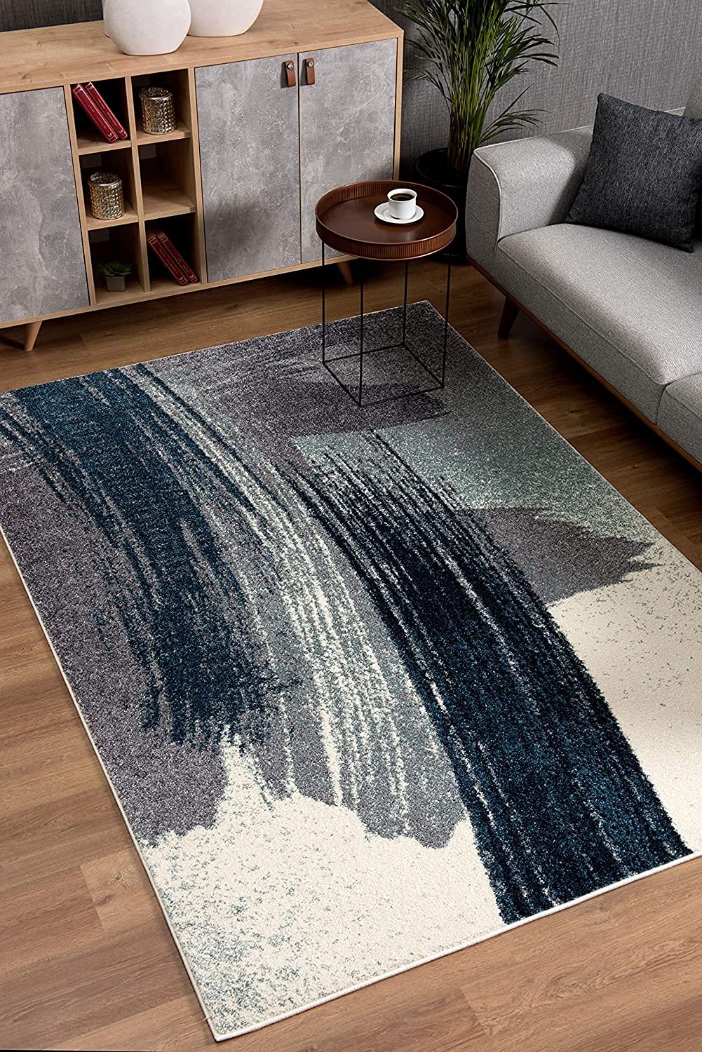 HomeRoots White Blue 100% Twisted Polyester 5â€ x 8â€ White and Blue Abstract Strokes Area Rug