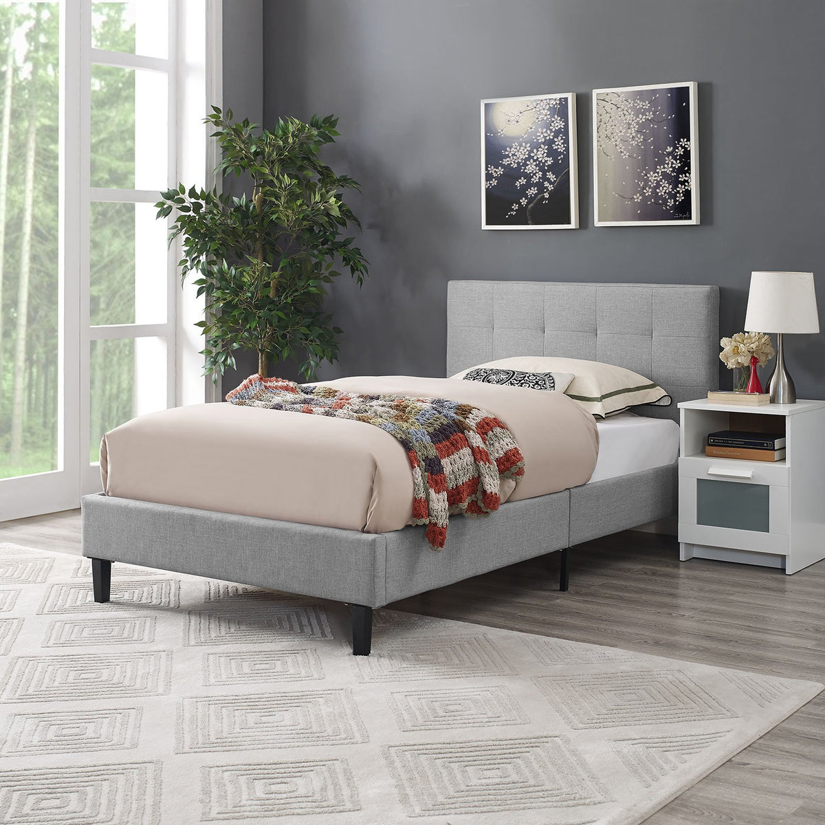 Modway Linnea Upholstered Light Gray Twin Platform Bed With Wood Slat Support