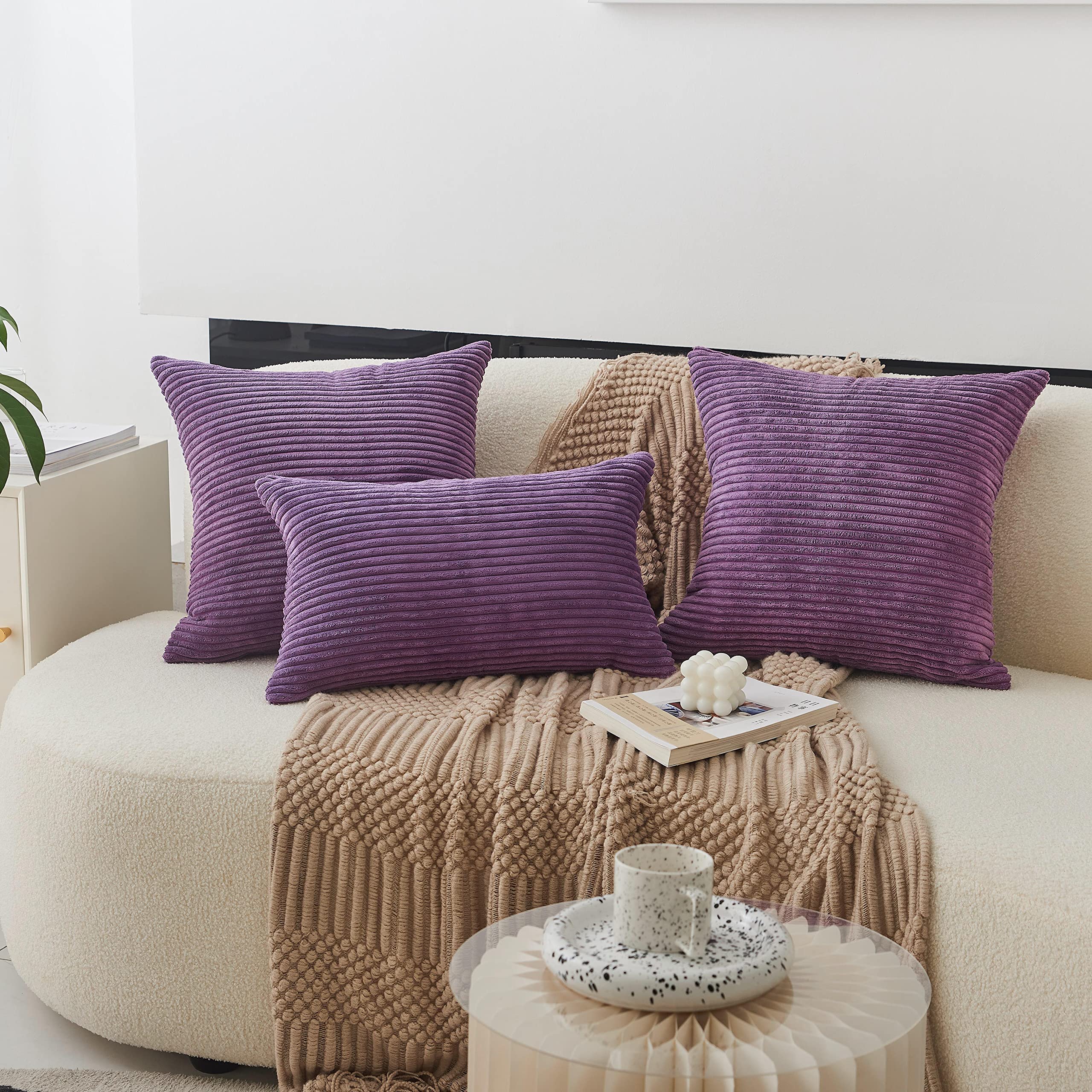 Home Brilliant Purple Pillow Covers Set Of 2 Striped Velvet Corduroy Decorative Euro Sham Throw Pillow Cover For Couch, 26 X 26