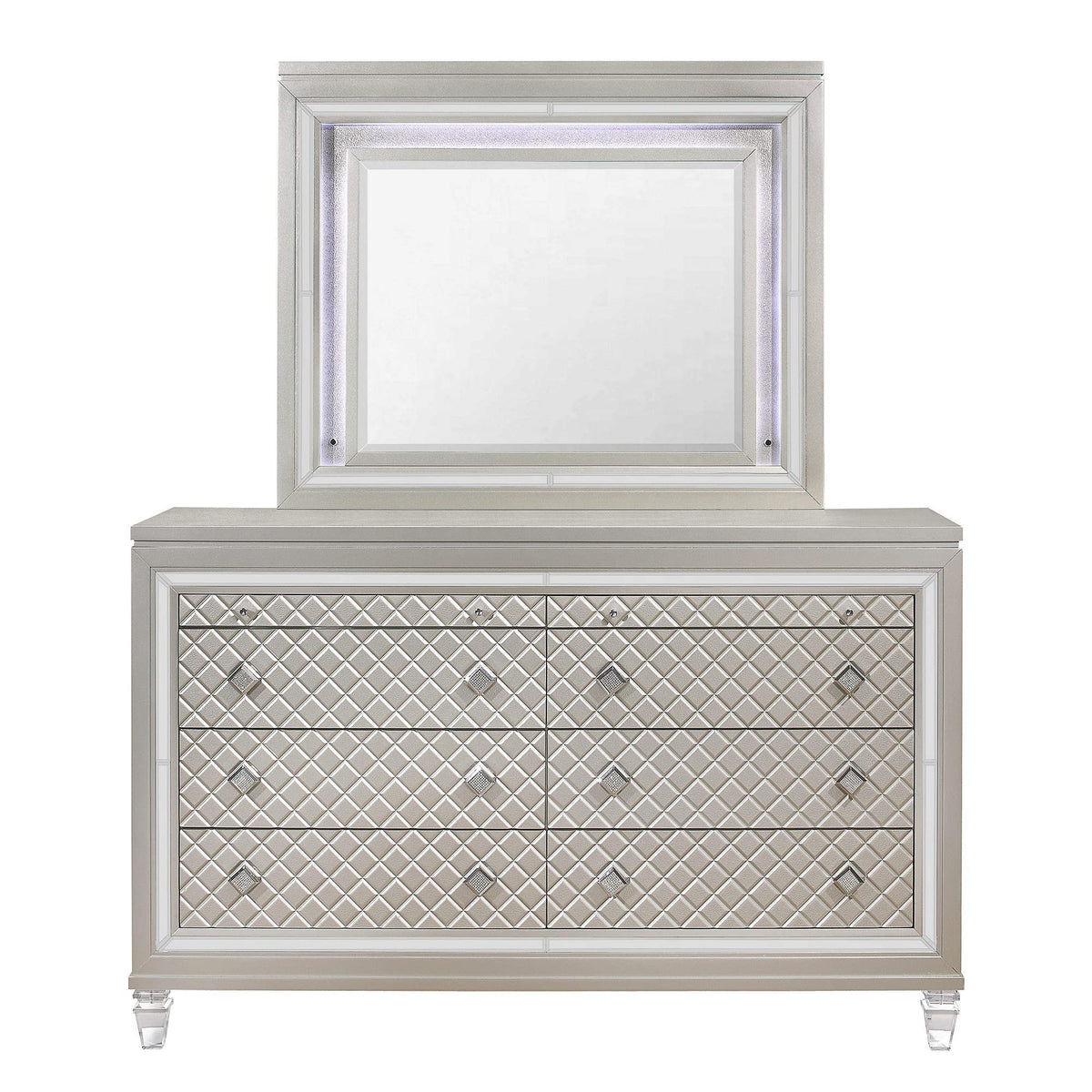 HomeRoots Wood Champagne Toned Dresser with Tapered Acrylic Legs and 2 Jewelry Drawers