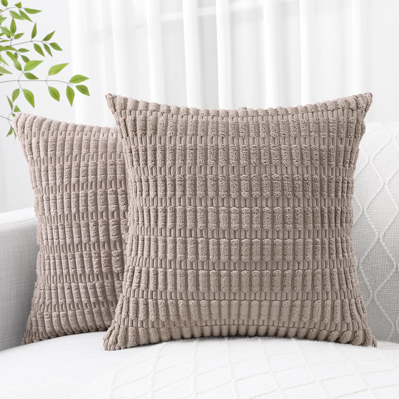 Decoruhome Khaki Decorative Throw Pillow Covers 20X20 Set Of 2, Soft Corduroy Striped Square Pillow Covers For Couch Living Room Bed Sofa