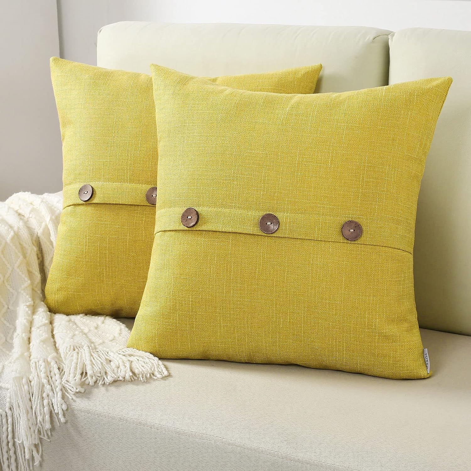 Futei Mustard Yellow Linen Decorative Throw Pillow Covers 22X22 Inch Set Of 2, Square Cushion Case With Vintage Button/Zipper,Mo
