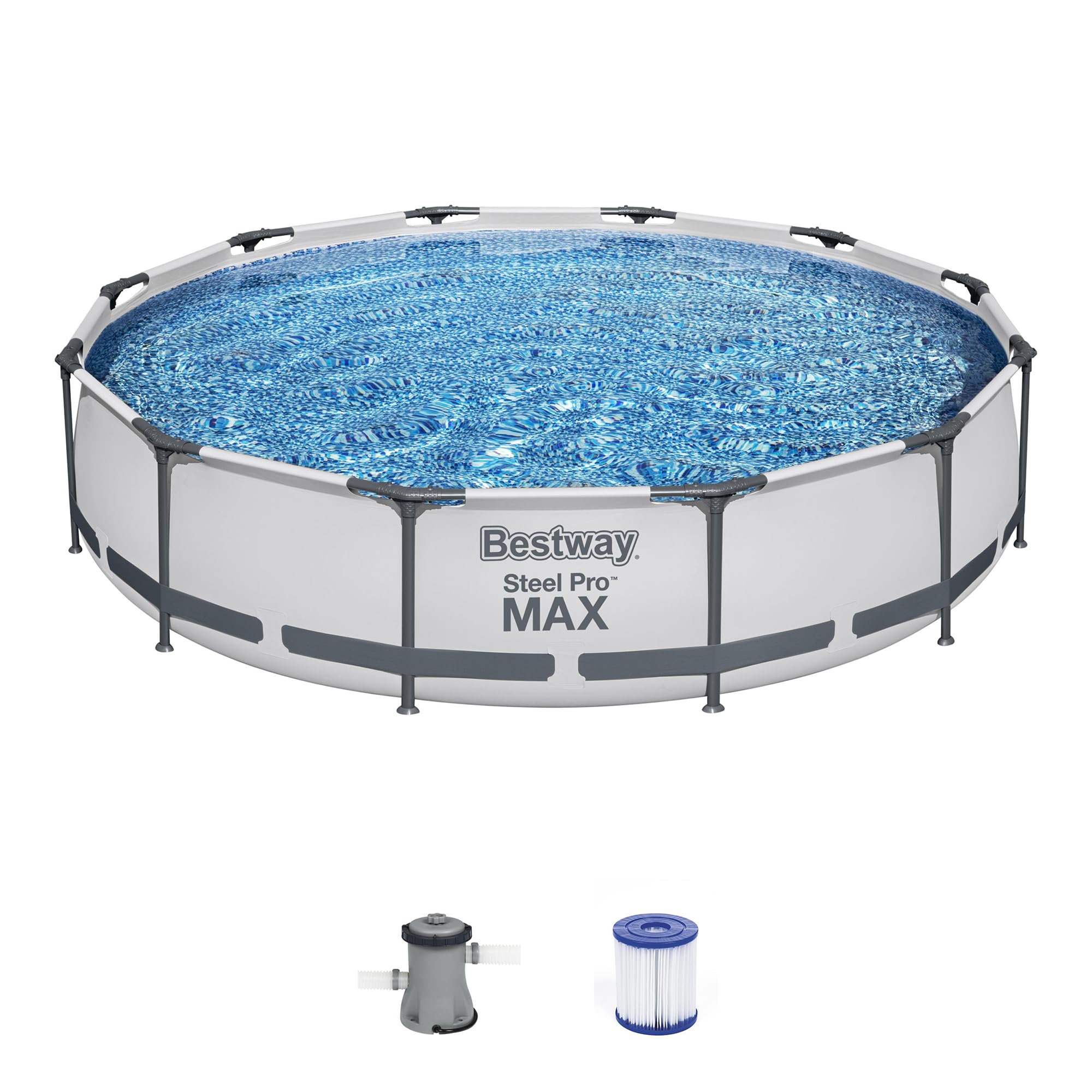 Bestway Steel Pro Max 12 Foot X 30 Inch Round Metal Frame Above Ground Outdoor Backyard Swimming Pool Set With 330 Gph Filter Pu