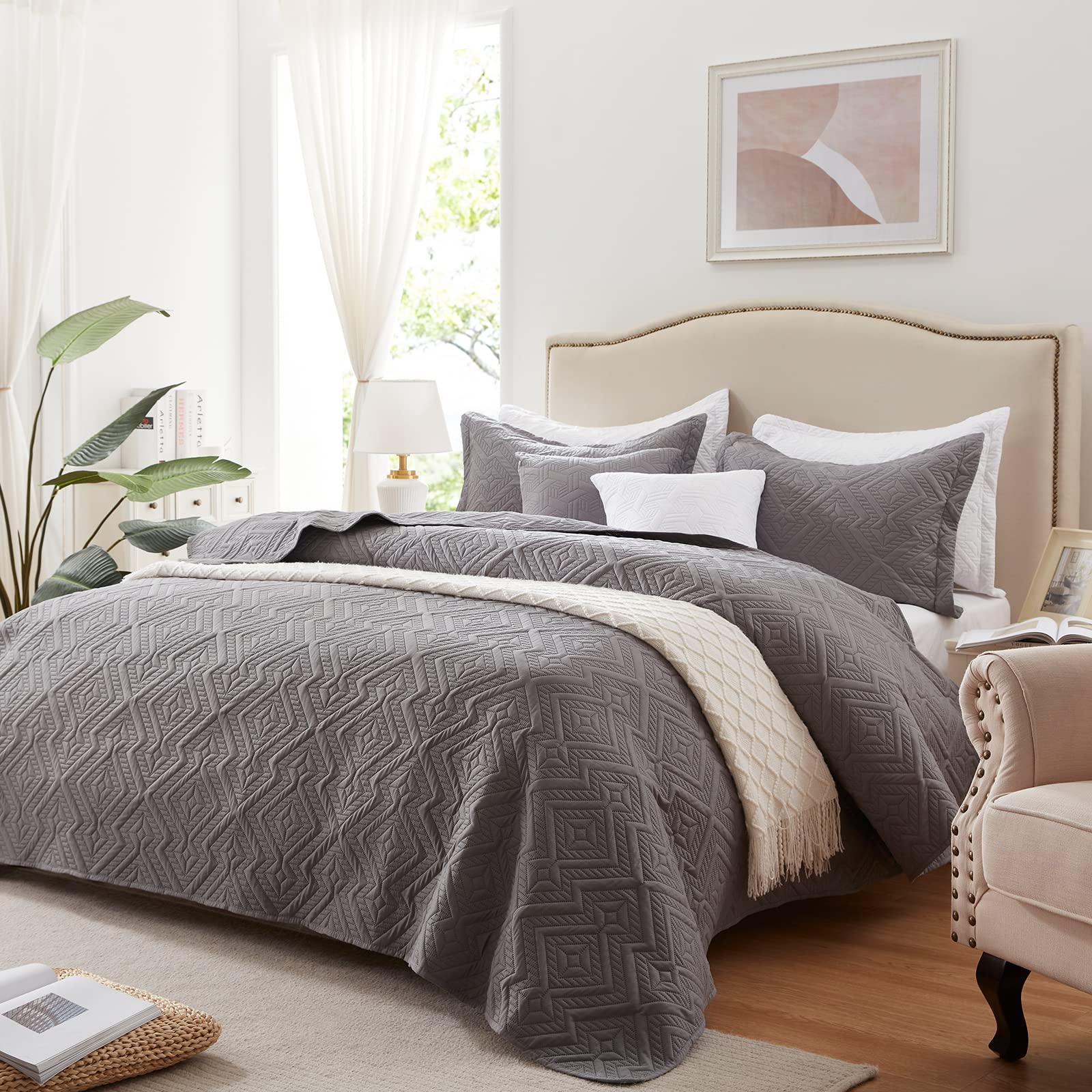 Leaonme Quilt Set King Size 3 Pieces, Lightweight Grey Bedspread-98'X106', Soft Microfiber Summer Quilt/Coverlet,Luxurious War